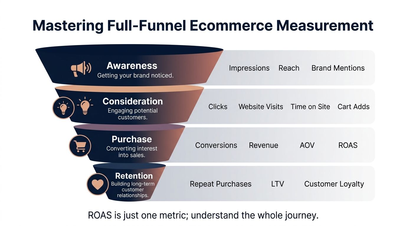 A funnel diagram illustrating full-funnel ecommerce measurement strategies from awareness to customer retention metrics.