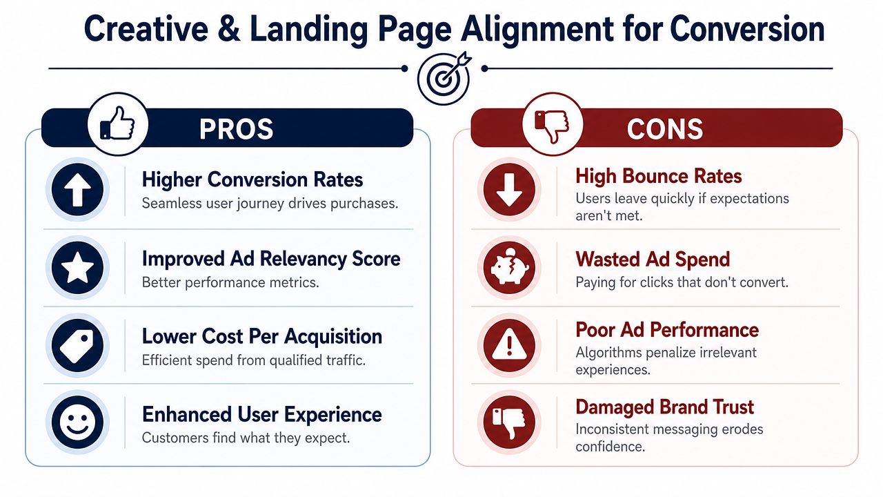 A comparison chart showing the benefits and drawbacks of creative and landing page alignment for advertising.