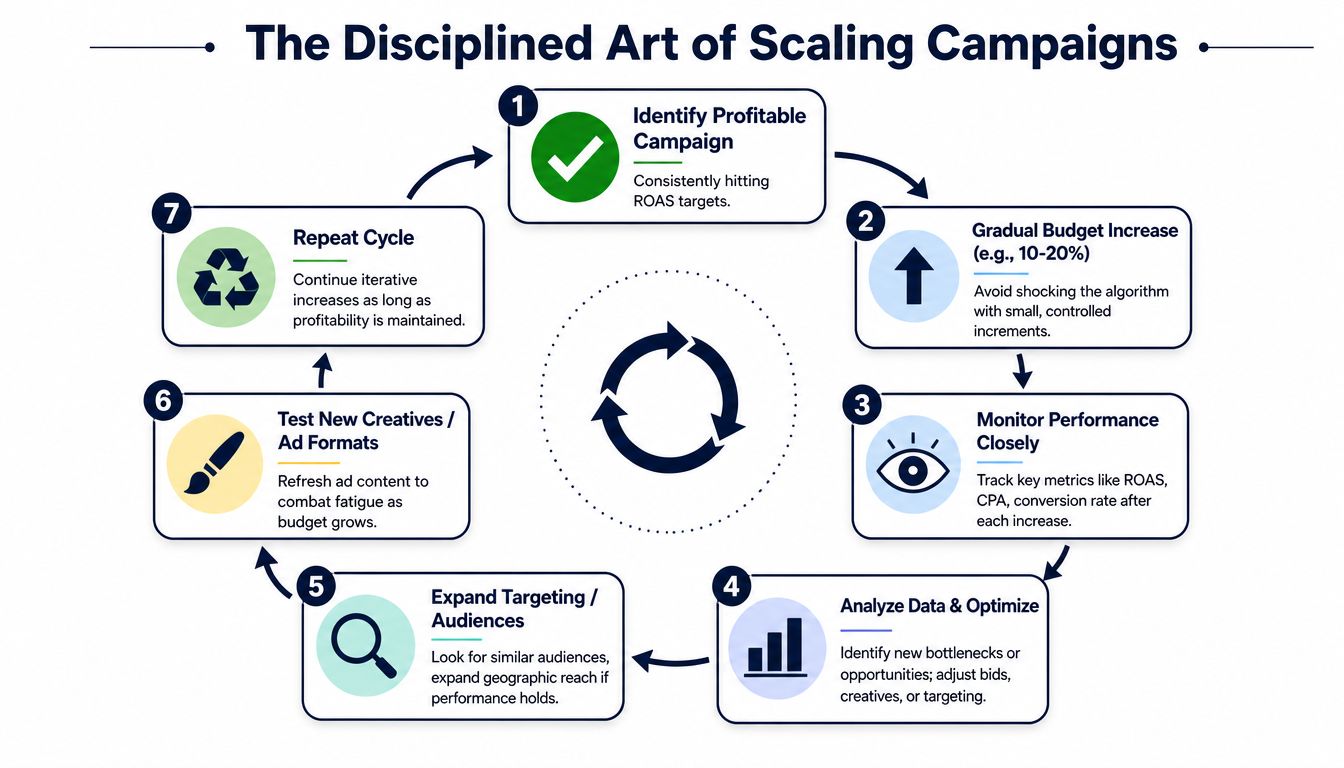 A circular infographic detailing the seven-step process for scaling successful digital marketing ad campaigns effectively.