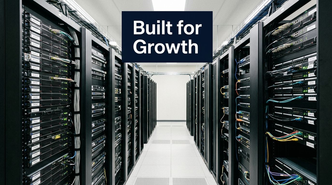 A modern data center aisle featuring rows of server racks with networking cables and hardware equipment.