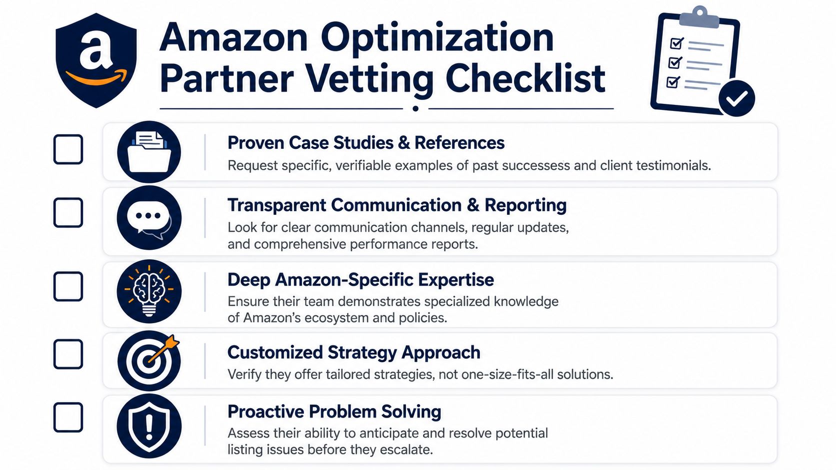 A checklist infographic outlining five key criteria for vetting professional Amazon optimization partners and service providers.