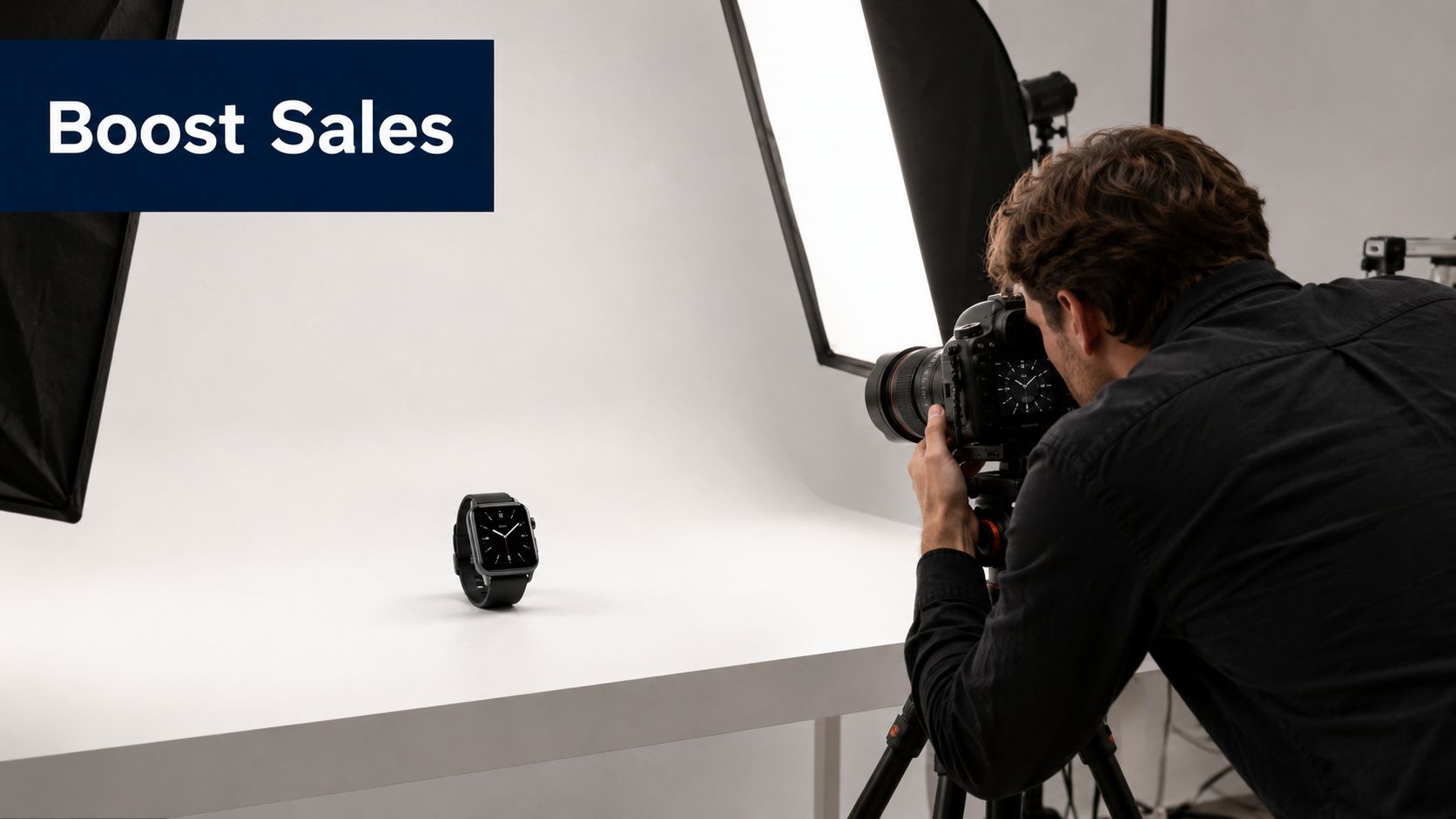 A professional photographer uses a tripod-mounted camera to capture high-quality product images of a digital watch.