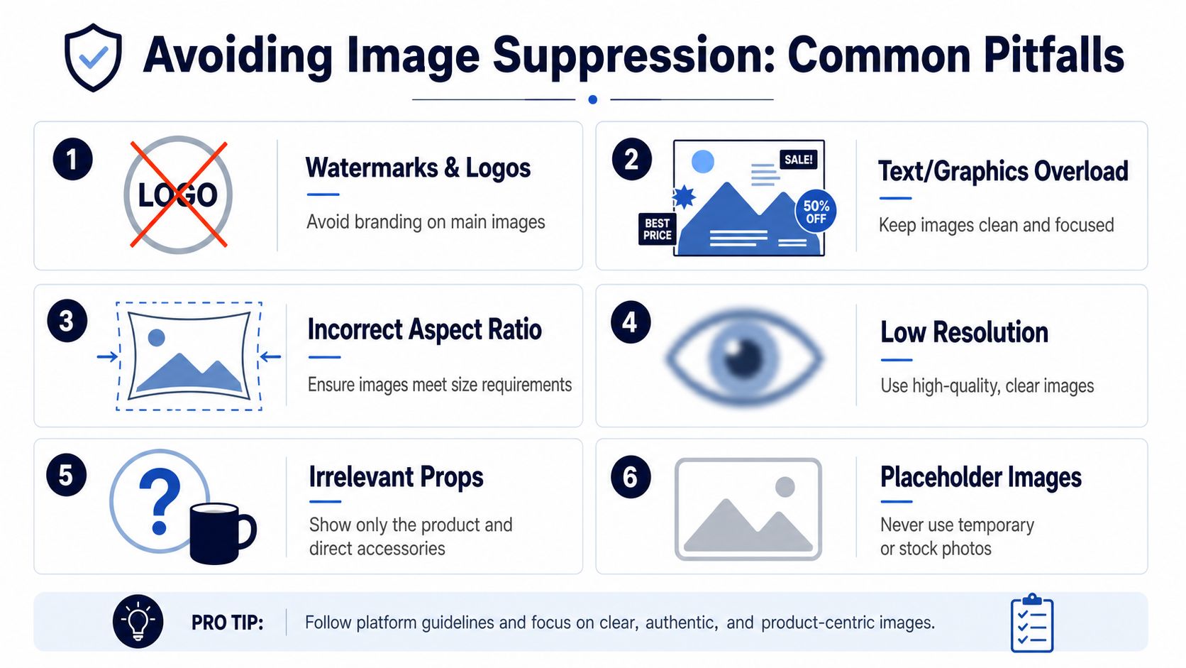 A guide infographic illustrating six common pitfalls to avoid when optimizing product images for online marketplaces.