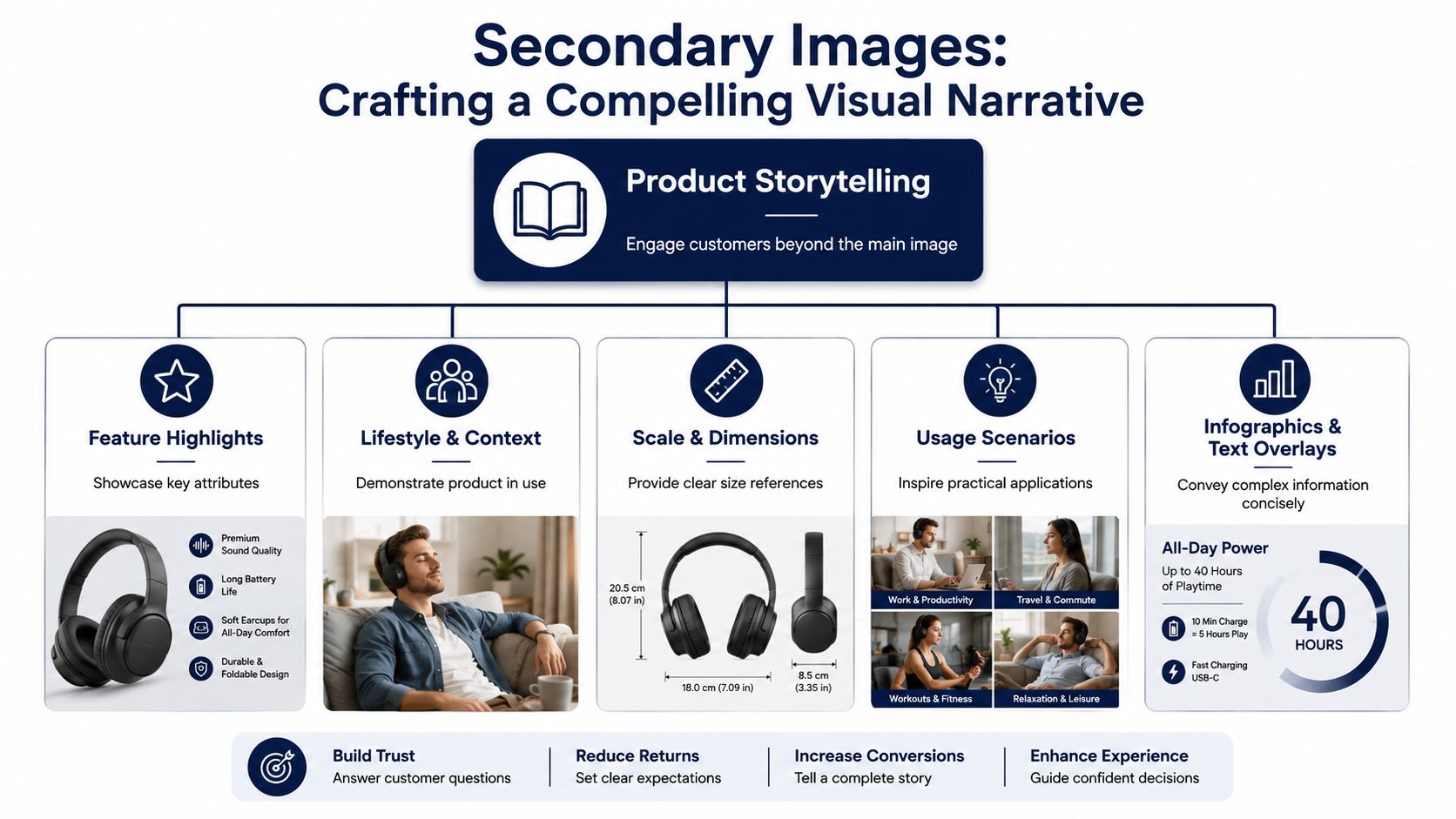 A comprehensive infographic guide explaining how to craft effective secondary images for Amazon product listings.