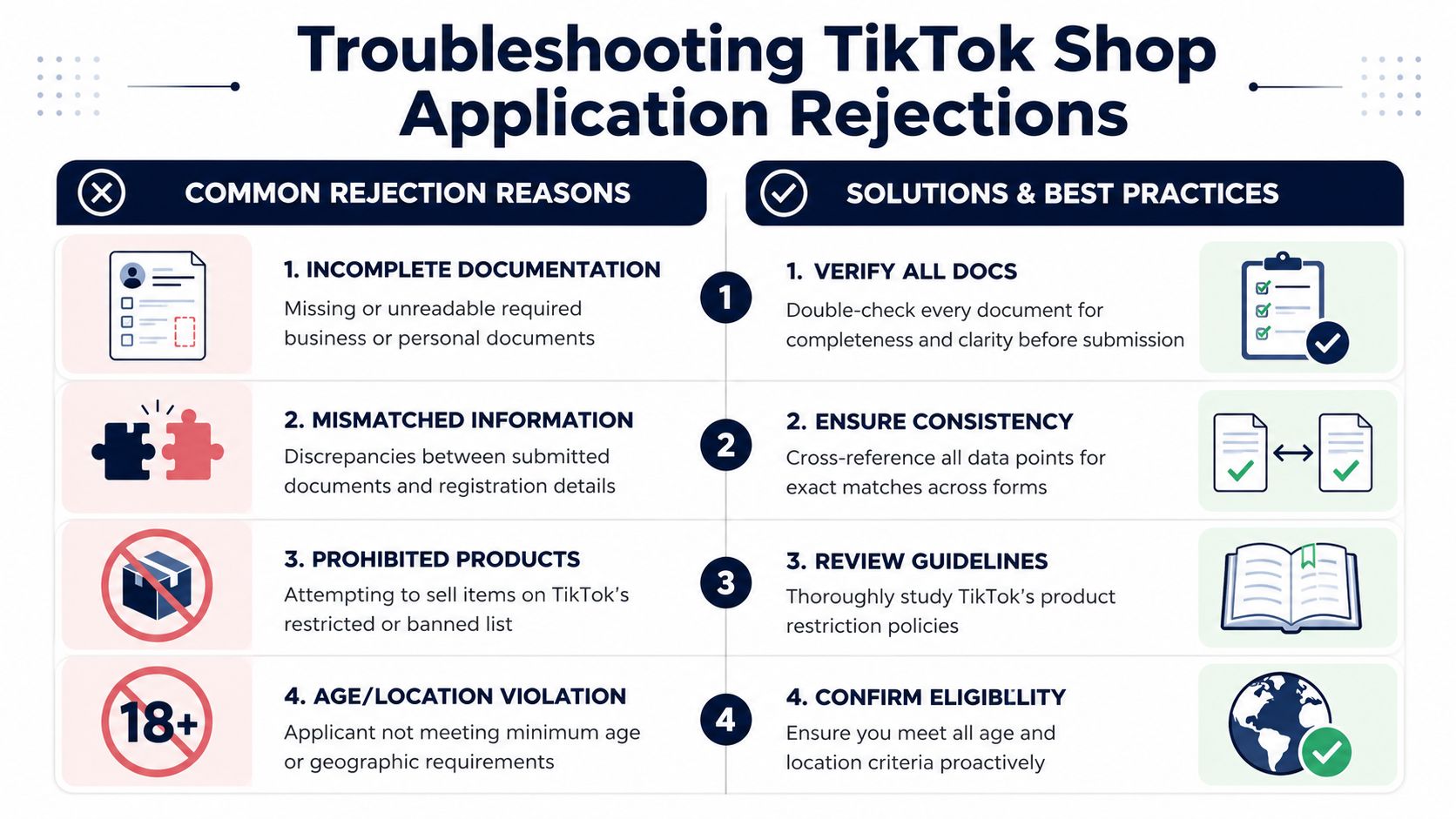 An infographic titled Troubleshooting TikTok Shop Application Rejections listing common reasons and solutions for sellers.