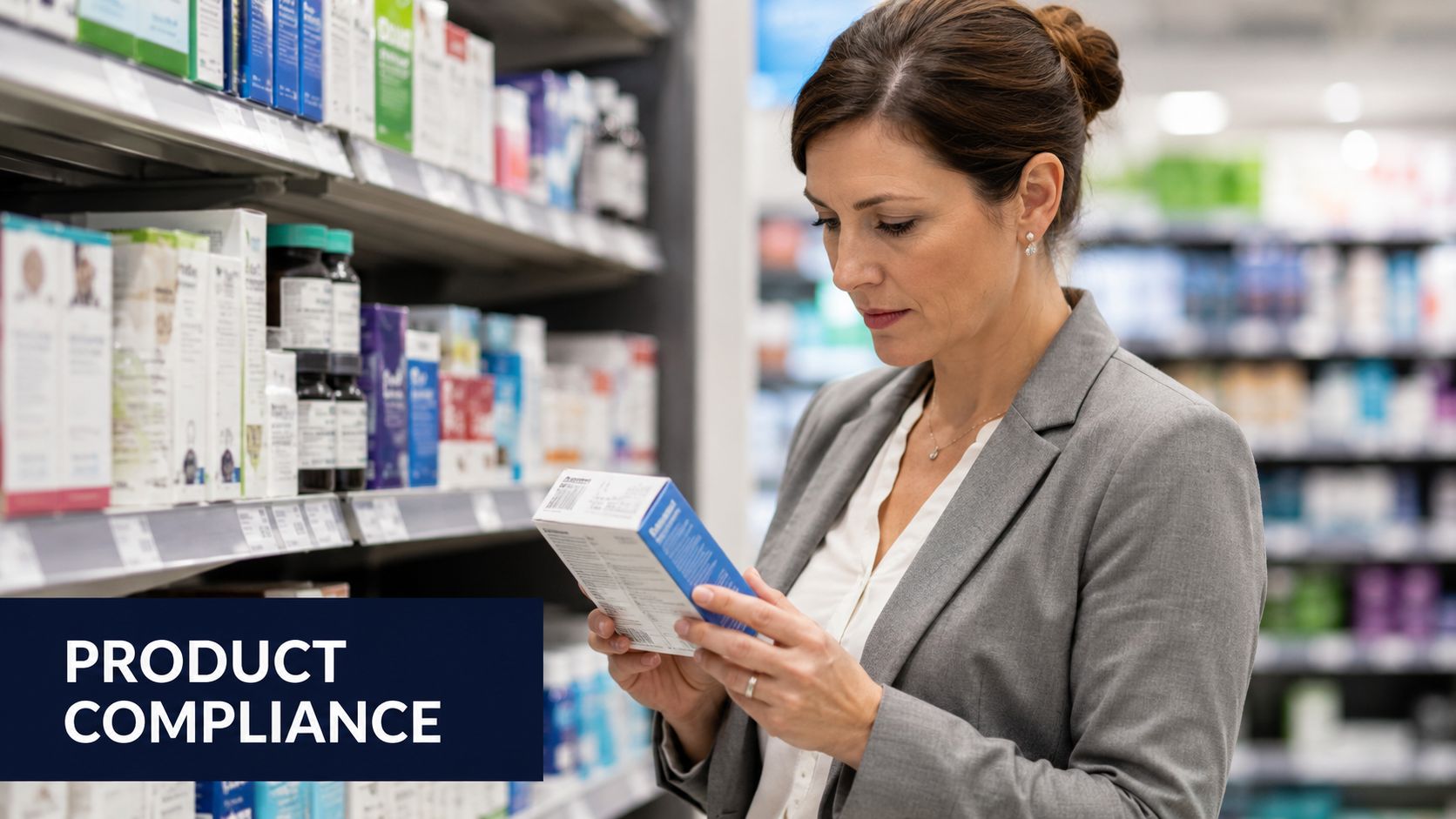 A professional woman inspecting a pharmaceutical product box on a retail store shelf to ensure compliance.