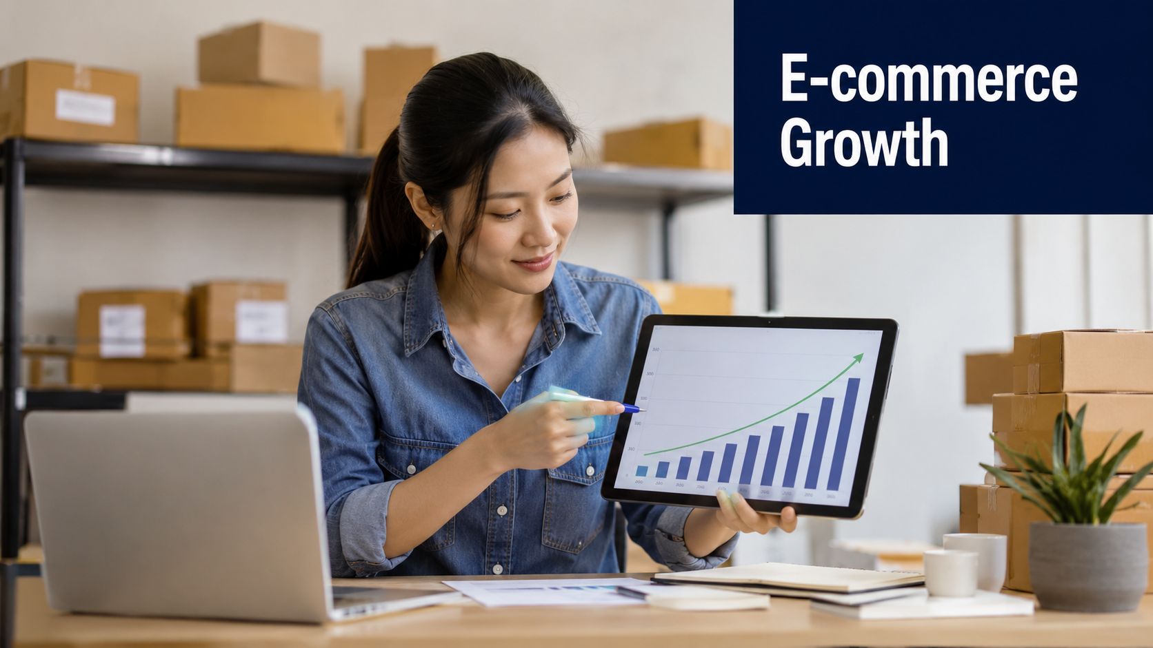 A woman presenting an e-commerce growth chart on a tablet in an office filled with packages.