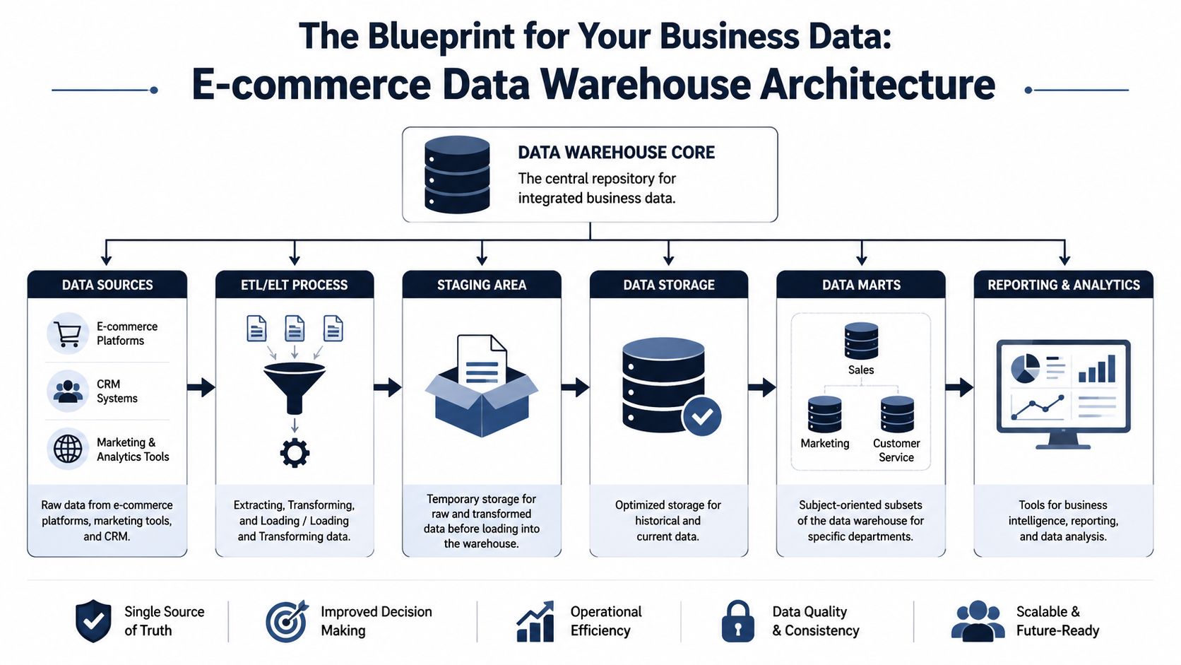 A diagram illustrating the e-commerce data warehouse architecture, showing the flow from data sources to final reporting.