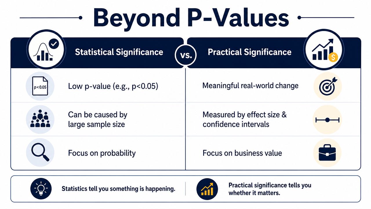 A comparison infographic between statistical significance and practical significance, highlighting key differences in research methodology.