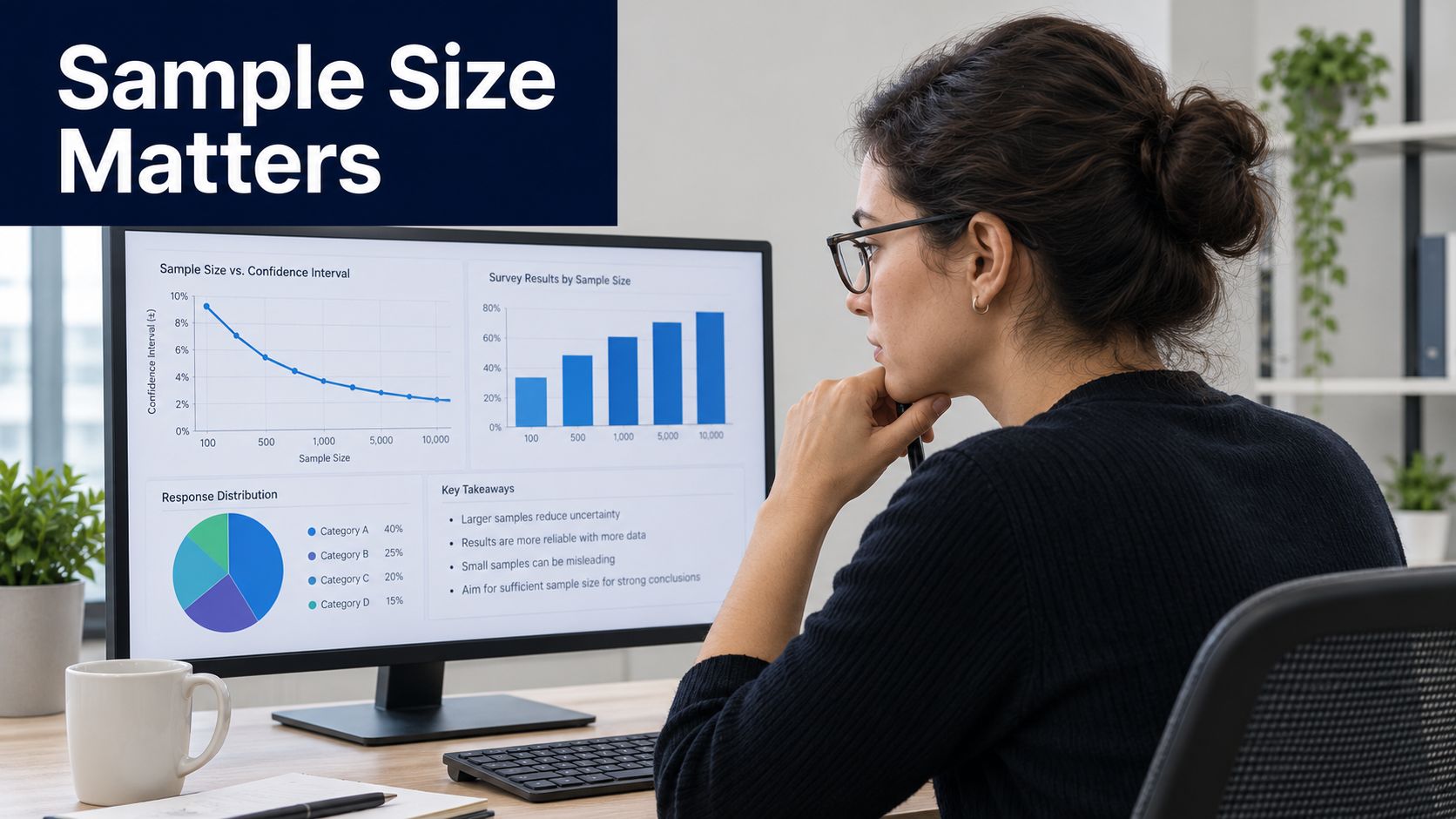 A professional analyzing data visualizations about the importance of sample size on a computer screen.