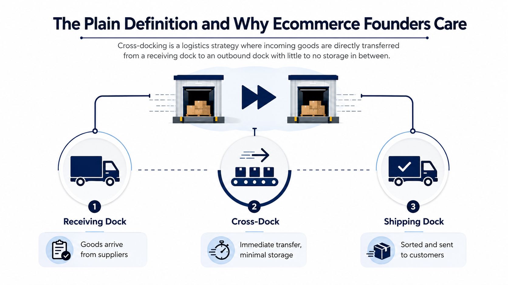 A diagram explaining the cross-docking logistics process with receiving, immediate transfer, and final shipping dock steps.