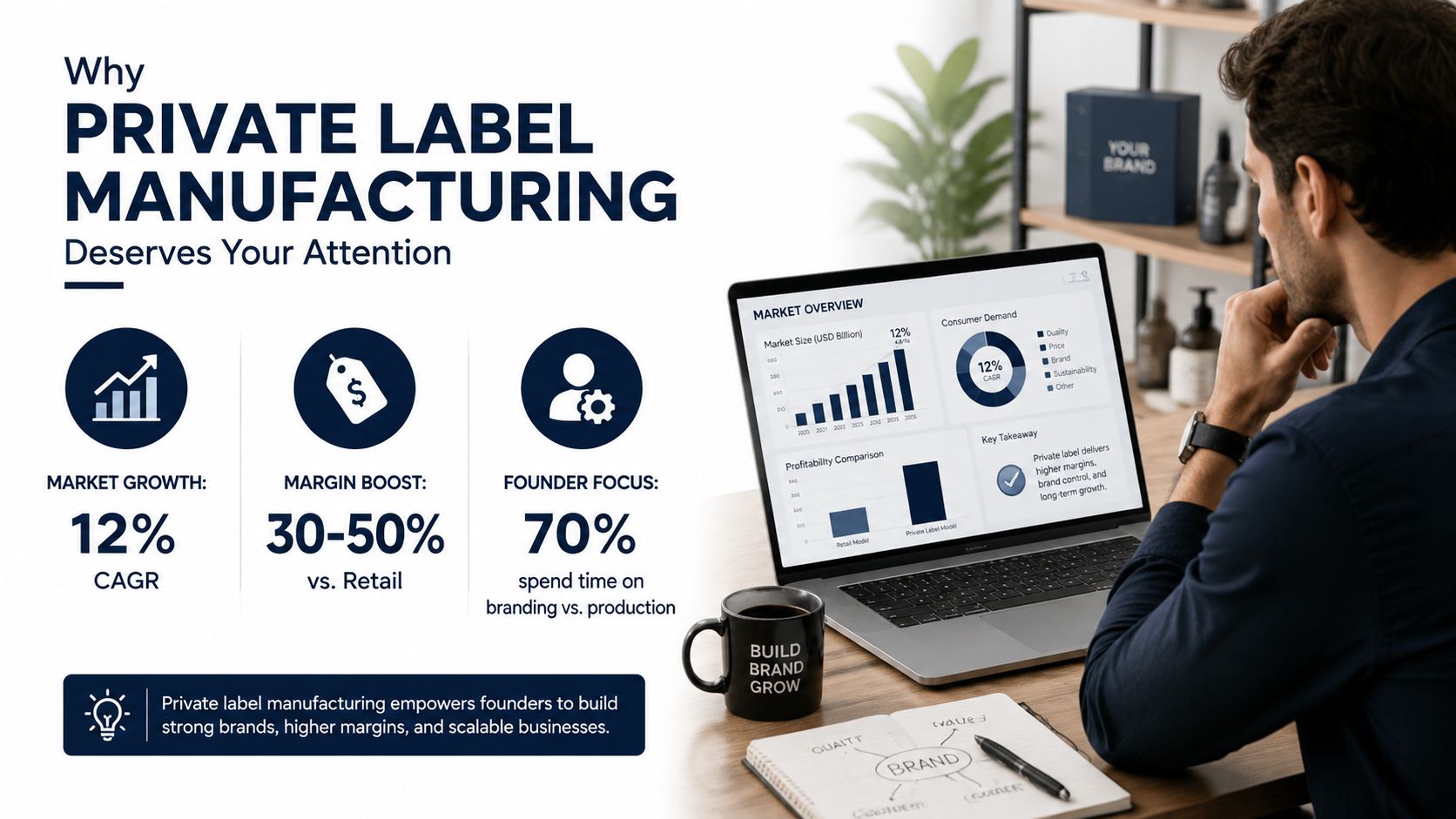 A professional analyzing a private label manufacturing dashboard on a laptop with market growth and profitability data.