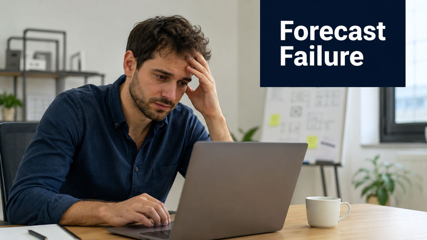 A distressed businessman looking at his laptop screen, feeling overwhelmed by a failed business sales forecast.
