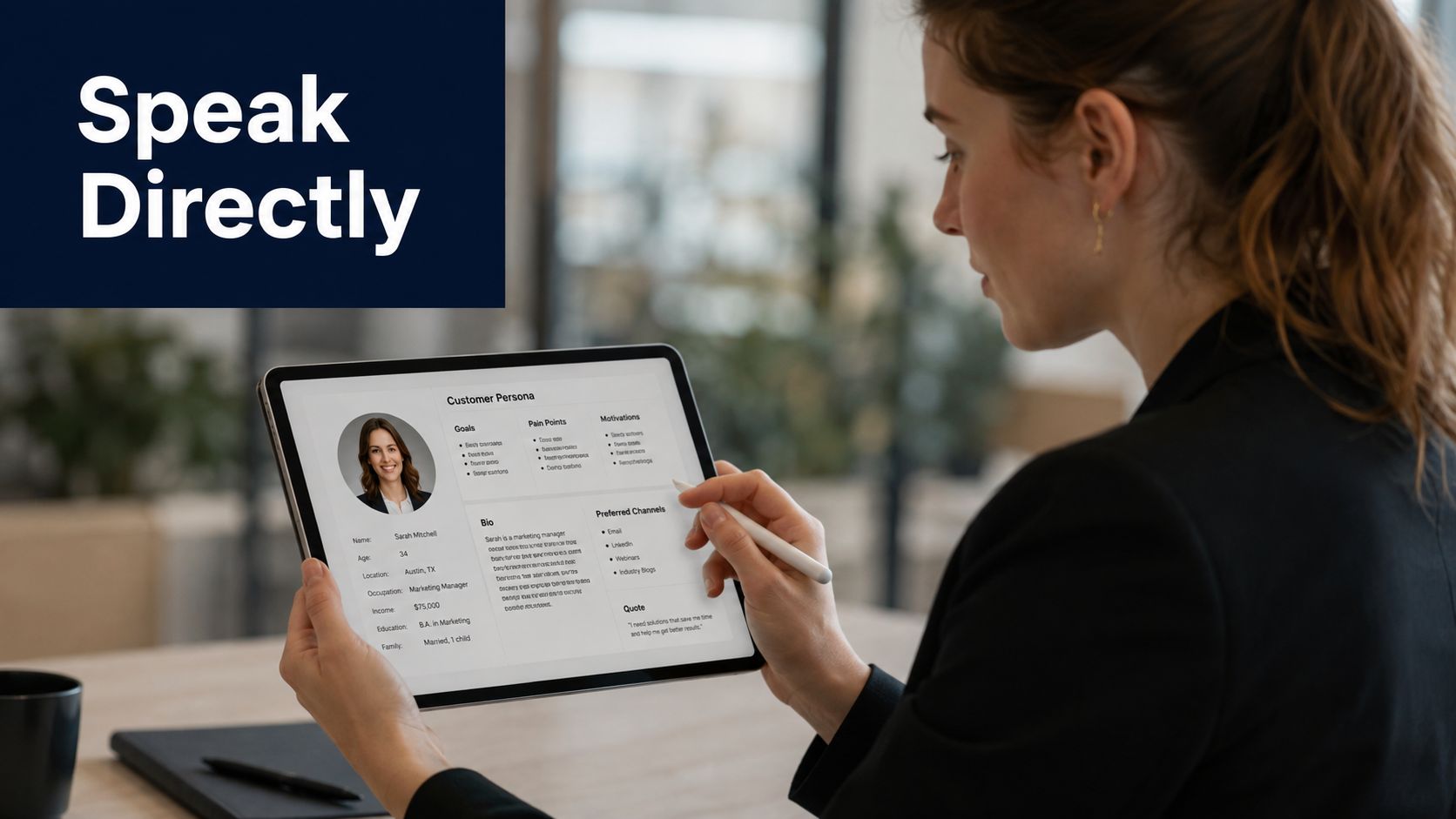 A professional woman reviews a customer persona document on a tablet to learn how to increase product sales.