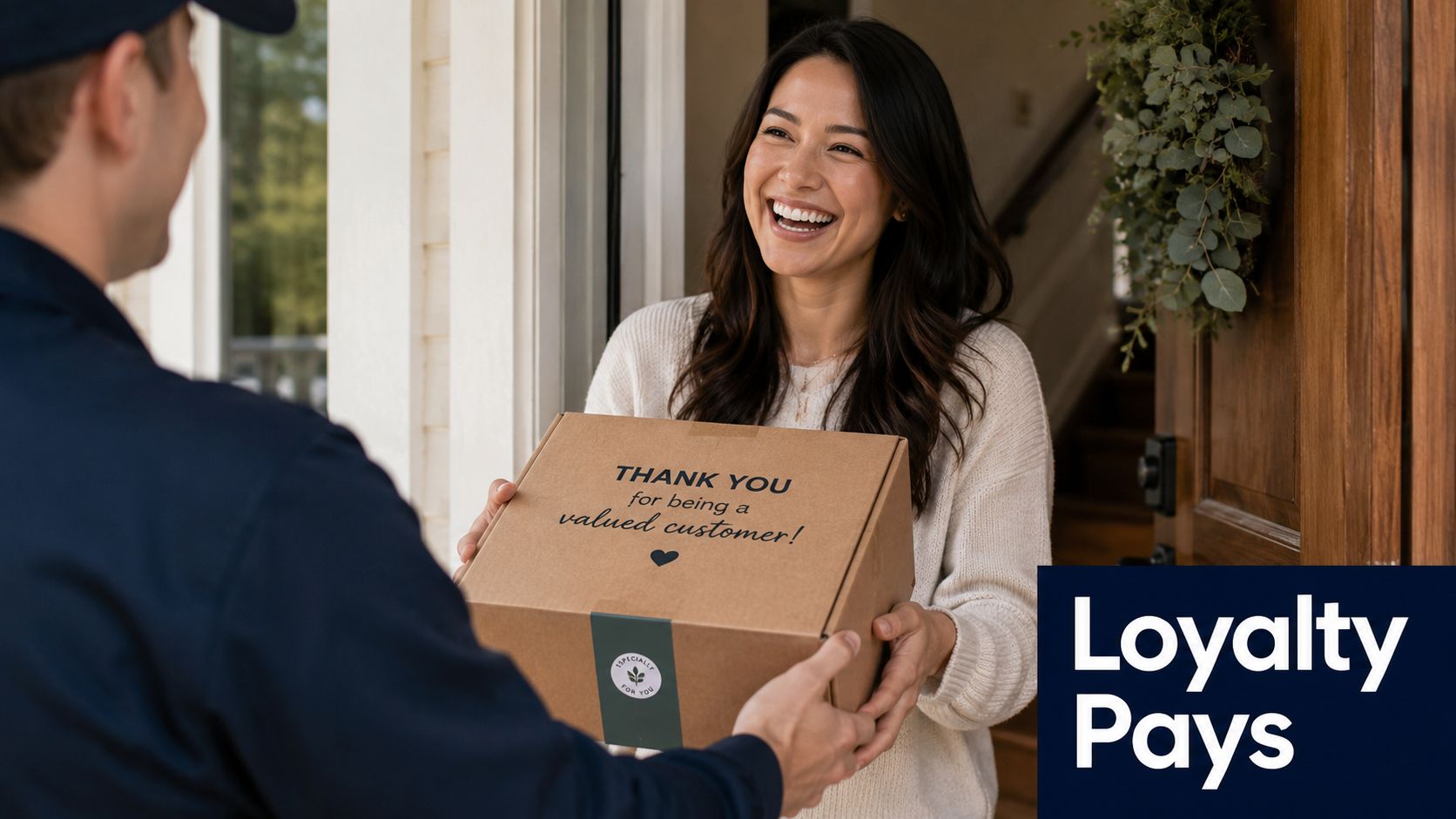 A delivery person handing a package marked Thank You to a smiling female customer at her home.