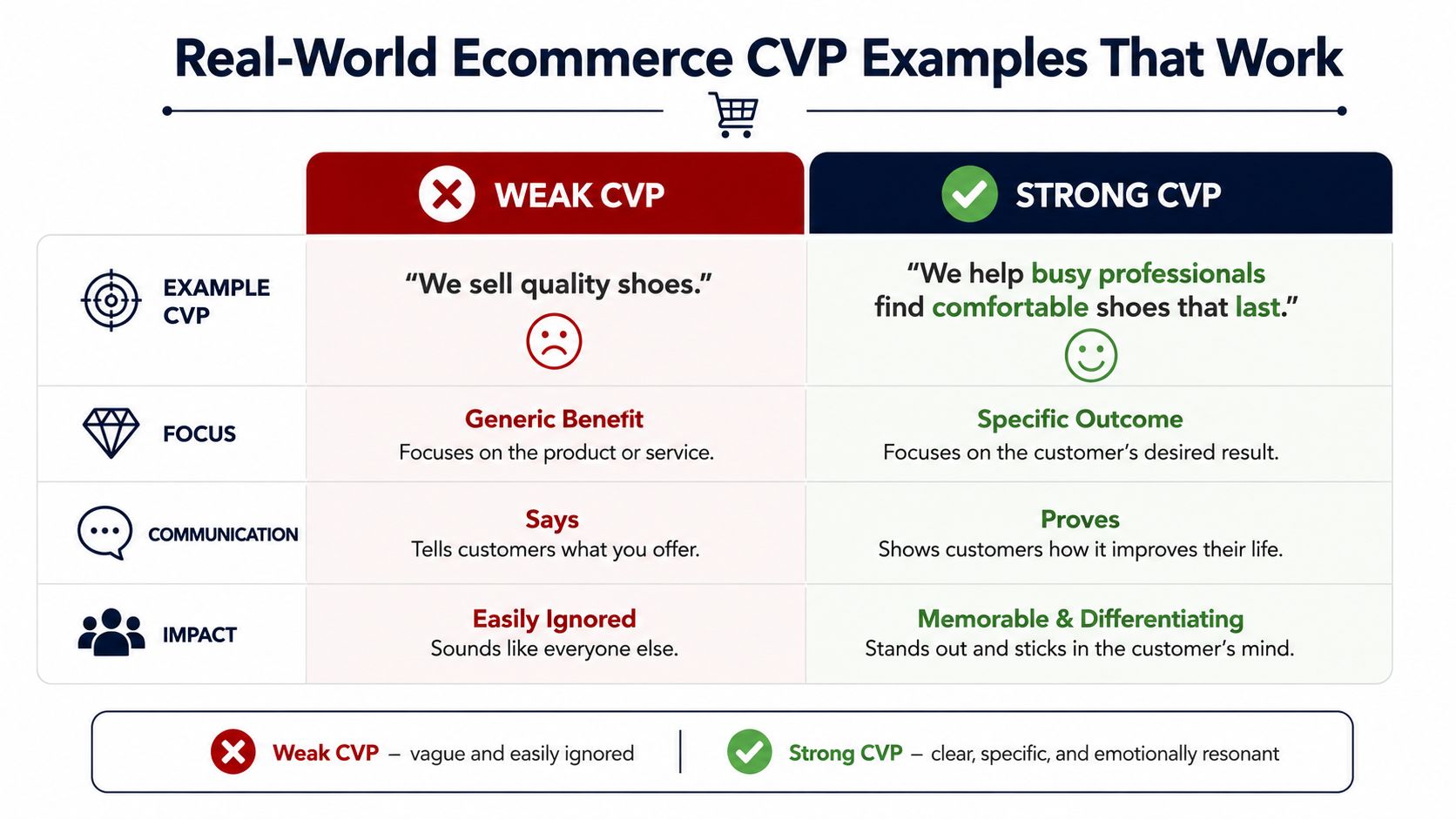 A comparison chart showing the differences between a weak and a strong customer value proposition for e-commerce.