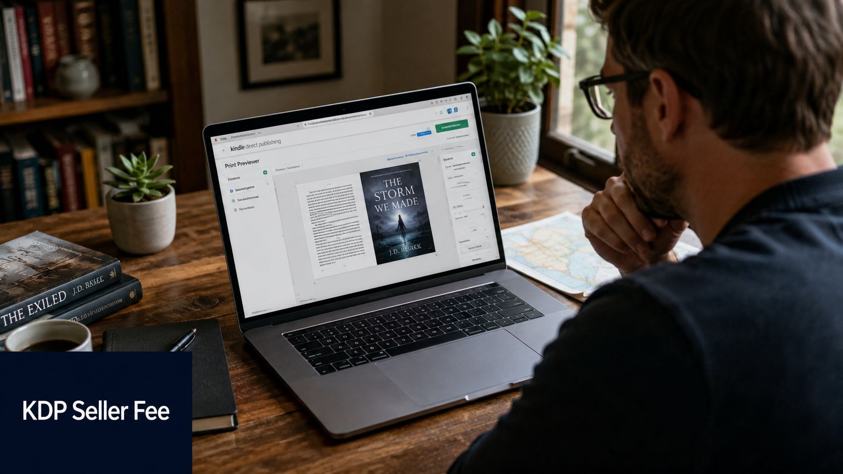 A man working on his laptop while using the Kindle Direct Publishing platform to preview his book.