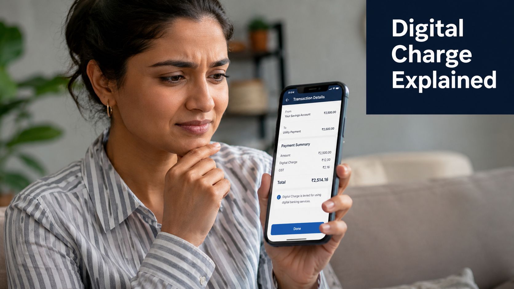 A concerned woman checking her smartphone for transaction details regarding a digital charge on her account.