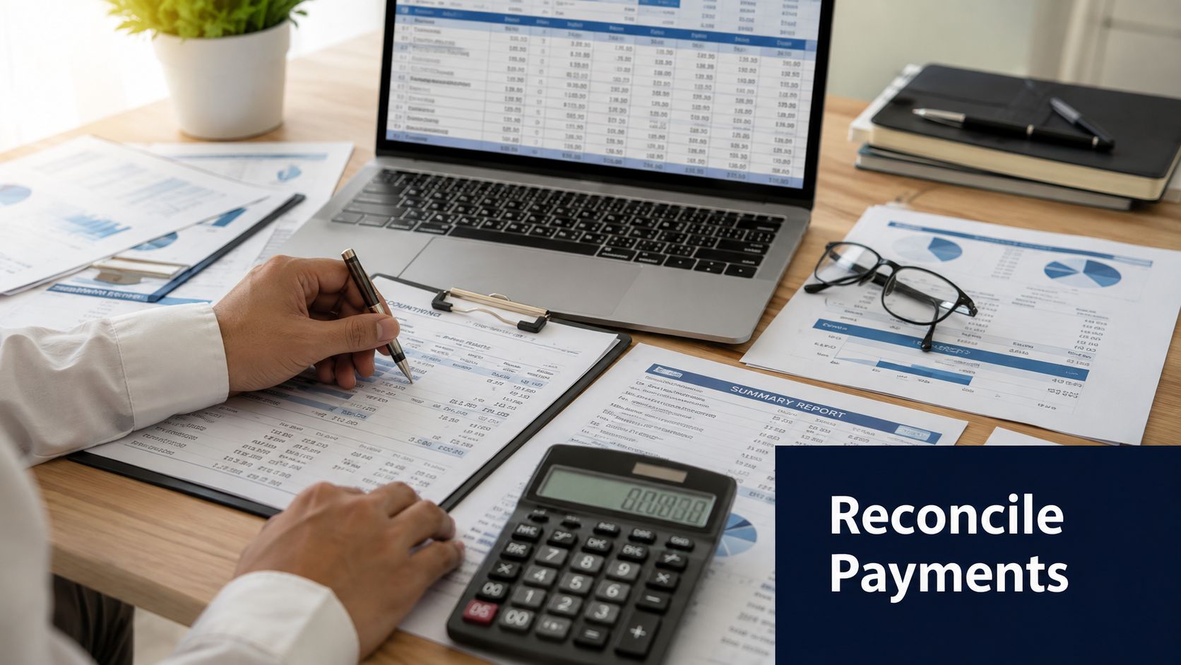 A professional accountant reviewing financial documents and reconciling payments using a calculator and laptop at a desk.