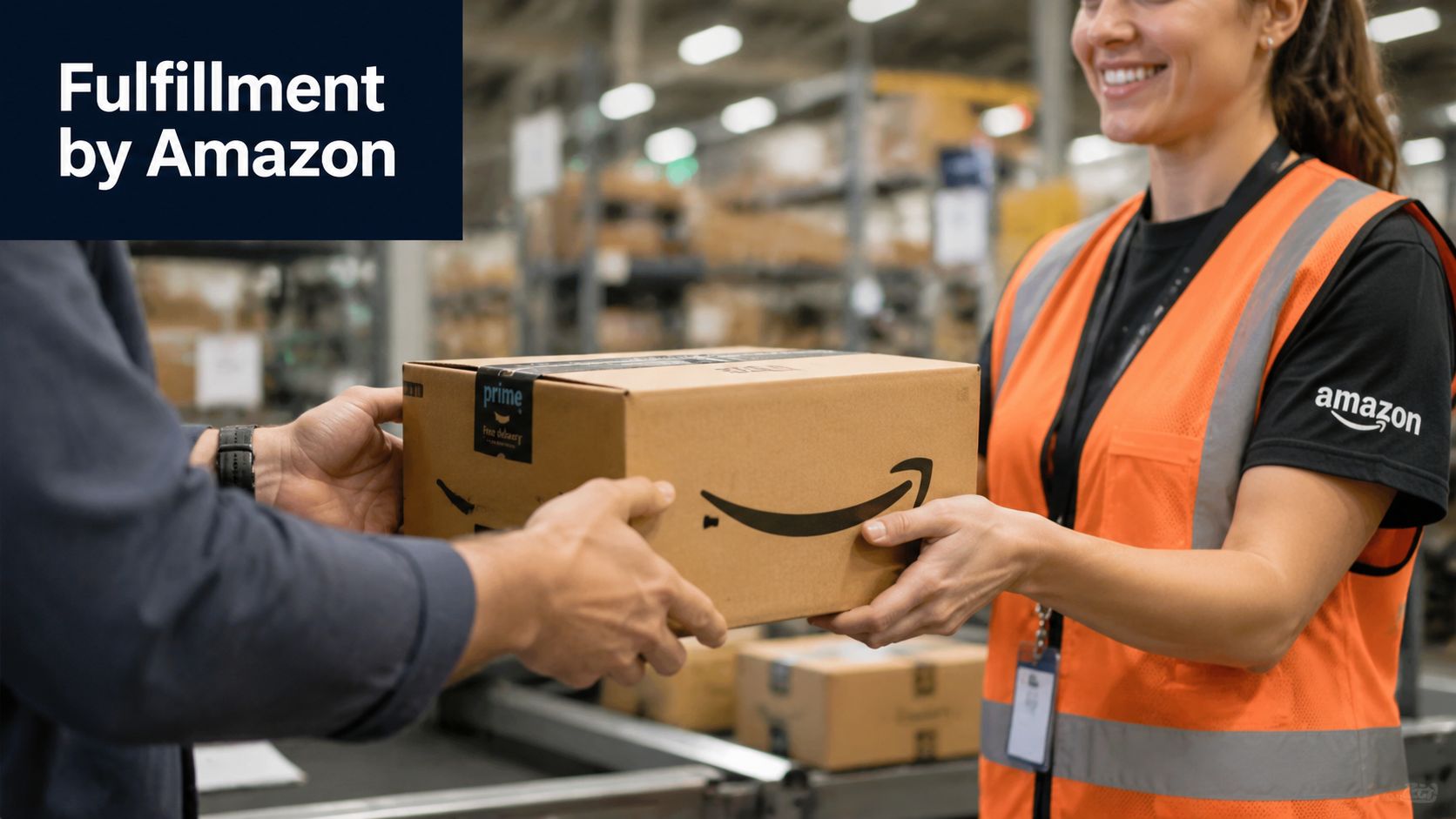 A person in an Amazon safety vest hands a package to another person in a warehouse setting.