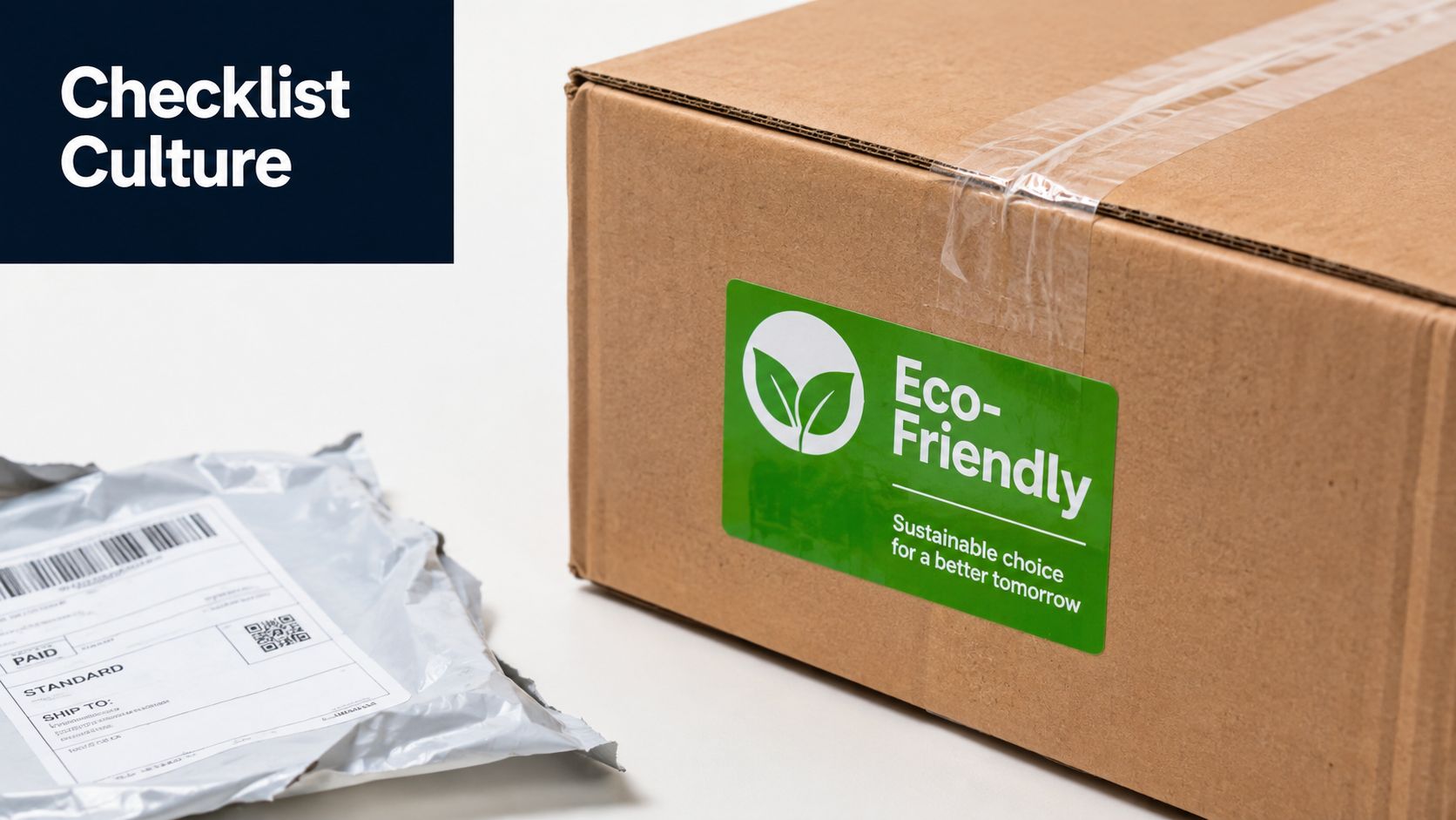 A brown cardboard shipping box with an eco-friendly label next to a plastic shipping bag.
