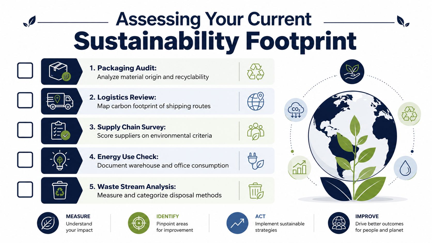 A five-step infographic showing how businesses can assess their sustainability footprint through auditing and strategic improvements.