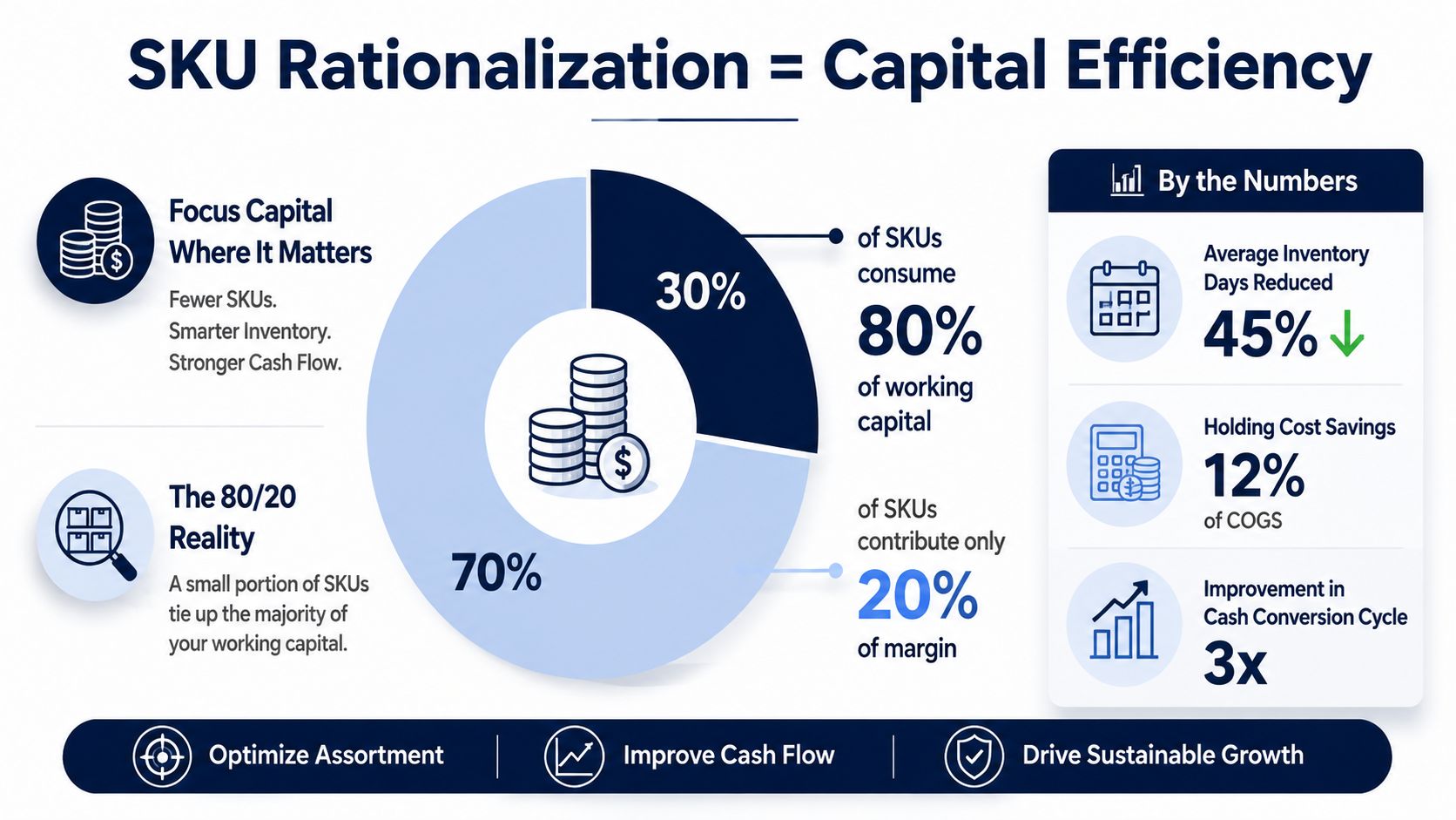 An infographic illustrating how SKU rationalization improves capital efficiency through inventory optimization and reduced holding costs.