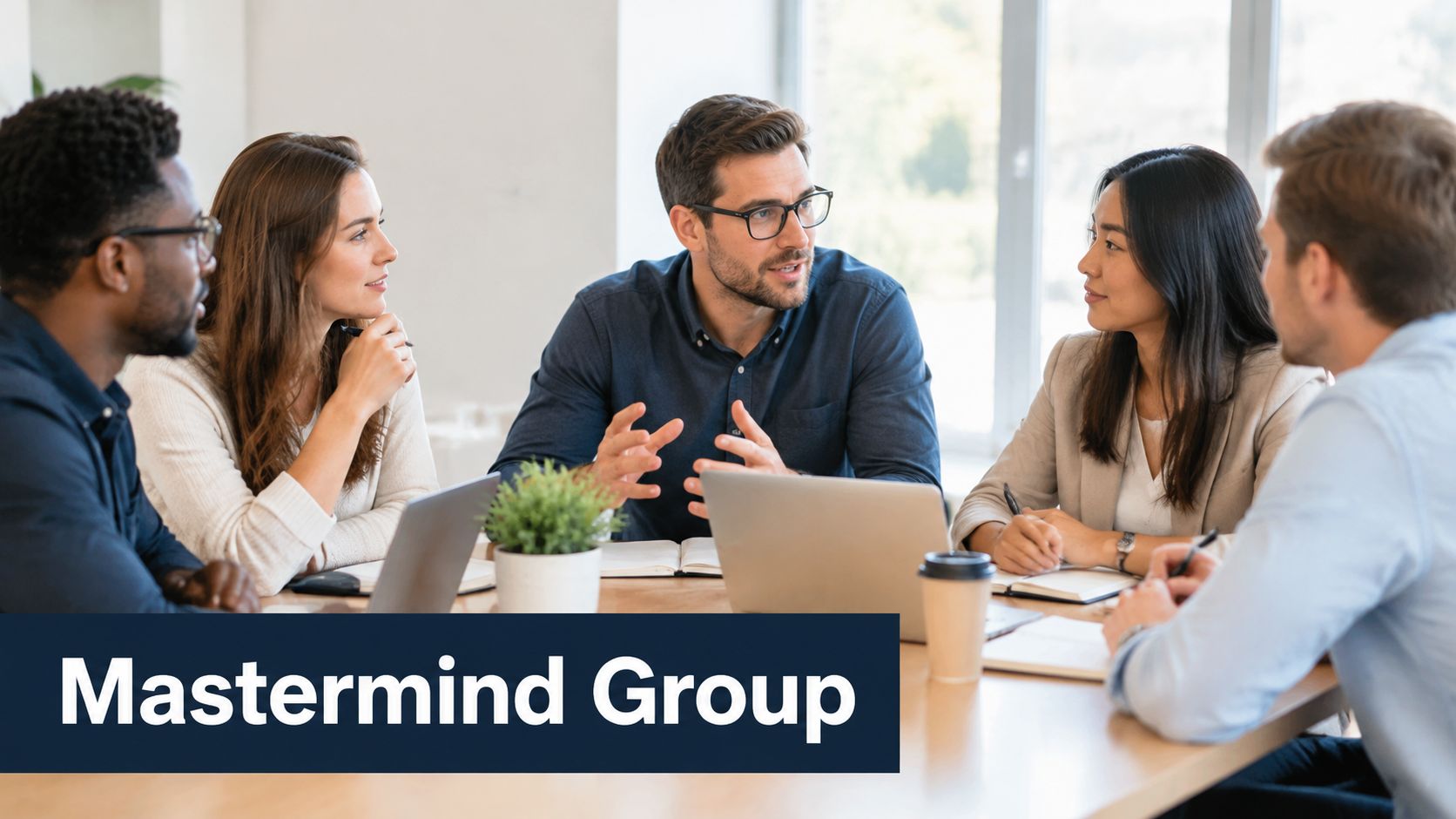 A diverse team of professionals collaborate during a meeting in a modern, bright office setting.