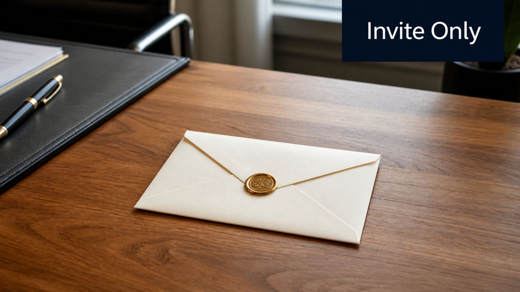 A sealed elegant envelope with a gold wax stamp placed on a polished wooden desk.