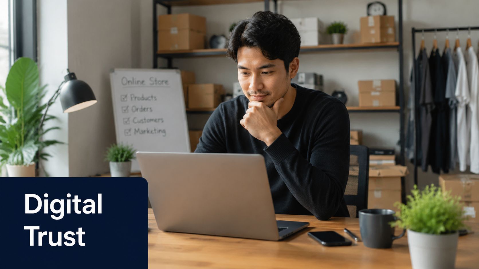 A young Asian entrepreneur focused on his laptop while managing his online store from a home office.
