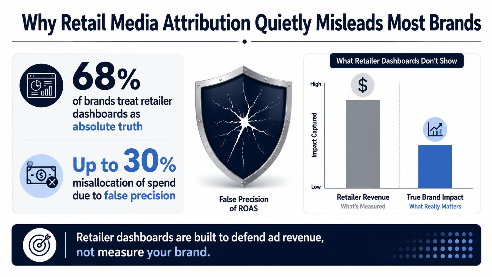 An infographic showing that 68% of brands rely on flawed retail media dashboard metrics for ad spending.