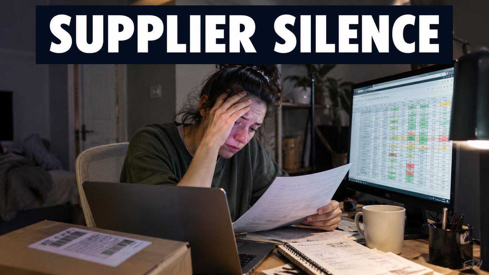 A stressed woman working at her desk late at night dealing with supplier silence and logistics.