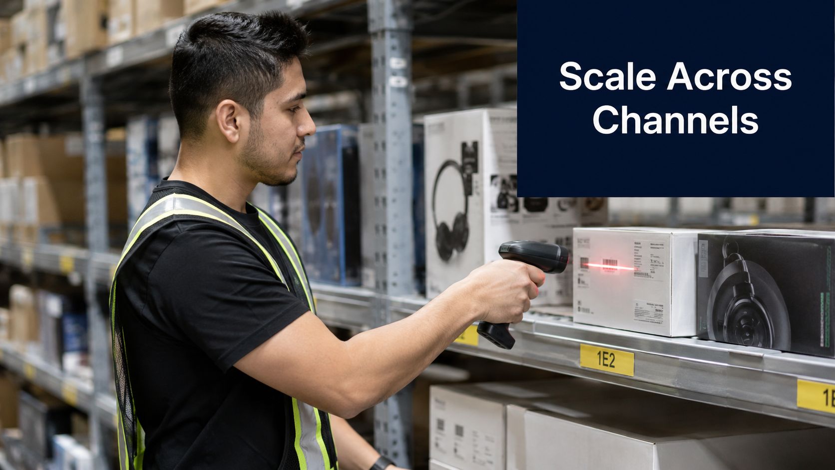 A warehouse worker scans a package on a storage shelf with a handheld barcode scanner.
