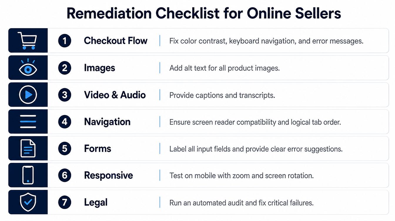 A seven-point accessibility remediation checklist infographic for online sellers to improve website inclusivity and user experience.