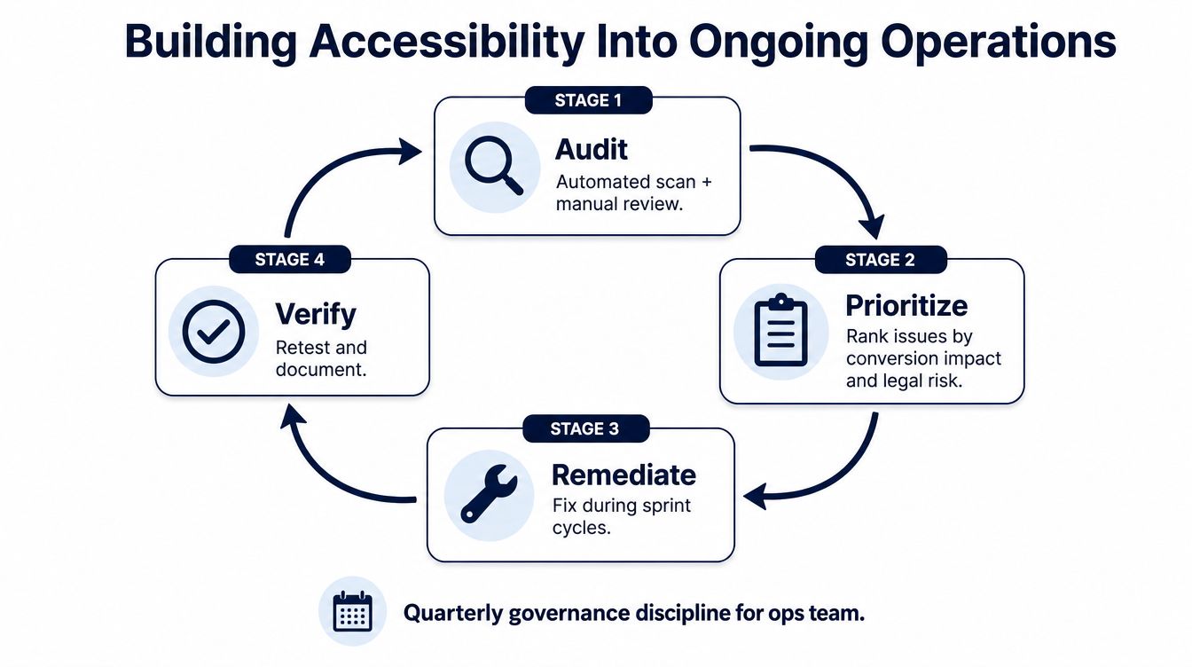 A four-stage circular process diagram for building web accessibility into ongoing business and development operations.