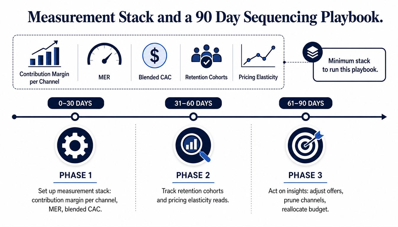 A diagram illustrating a 90-day marketing measurement playbook divided into three distinct phases for business optimization.