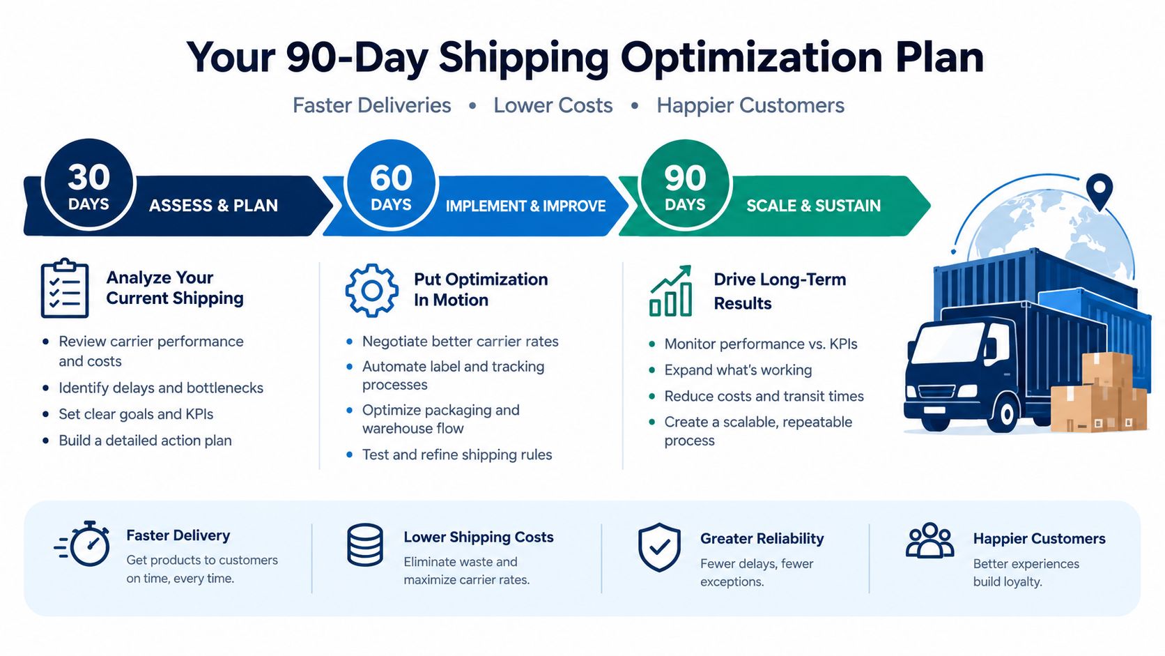 A 90-day shipping optimization plan infographic outlining steps for assessing, implementing, and scaling logistics processes for businesses.