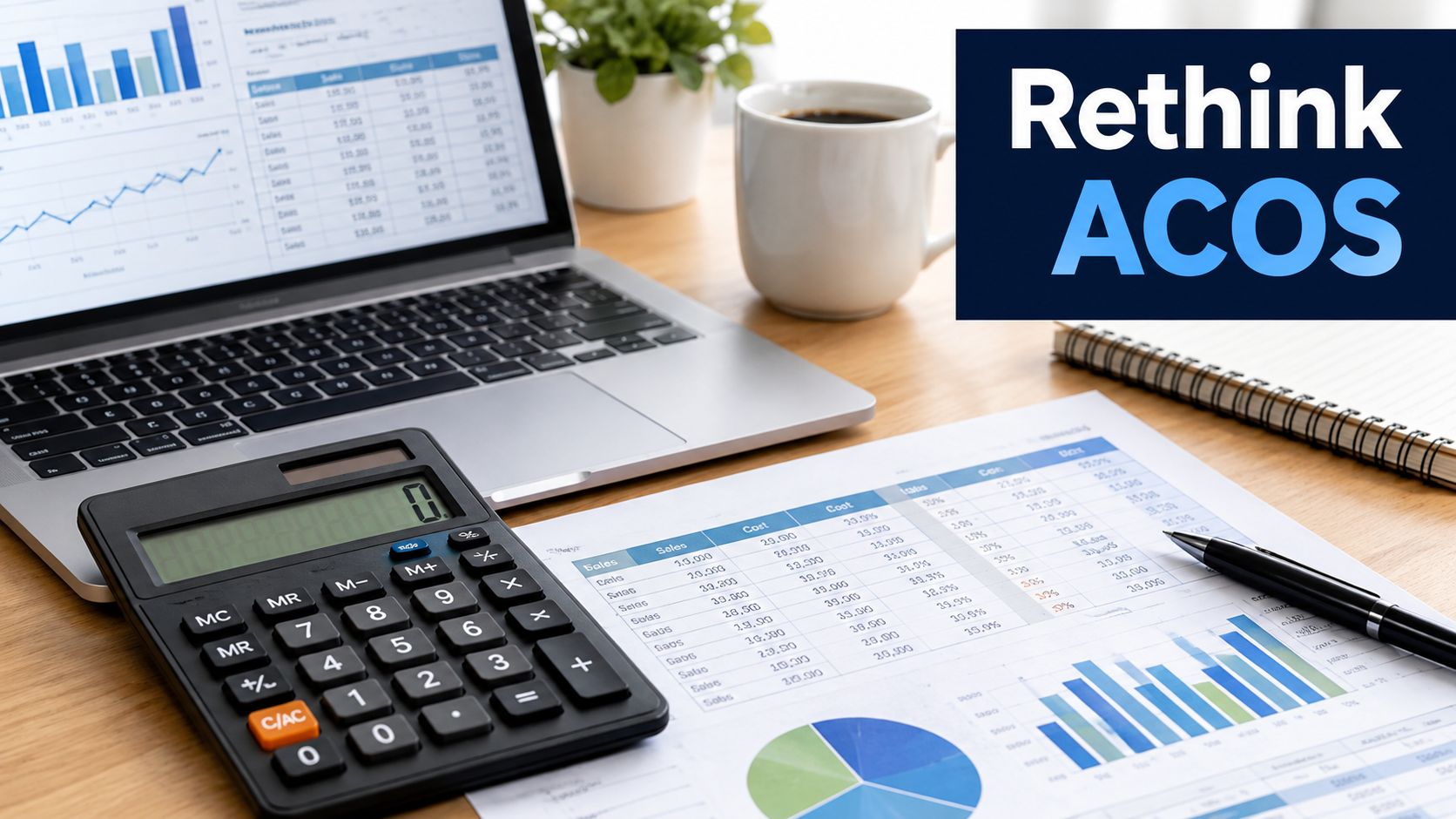 A professional workspace featuring a laptop, calculator, and financial charts focusing on ACOS optimization strategies.