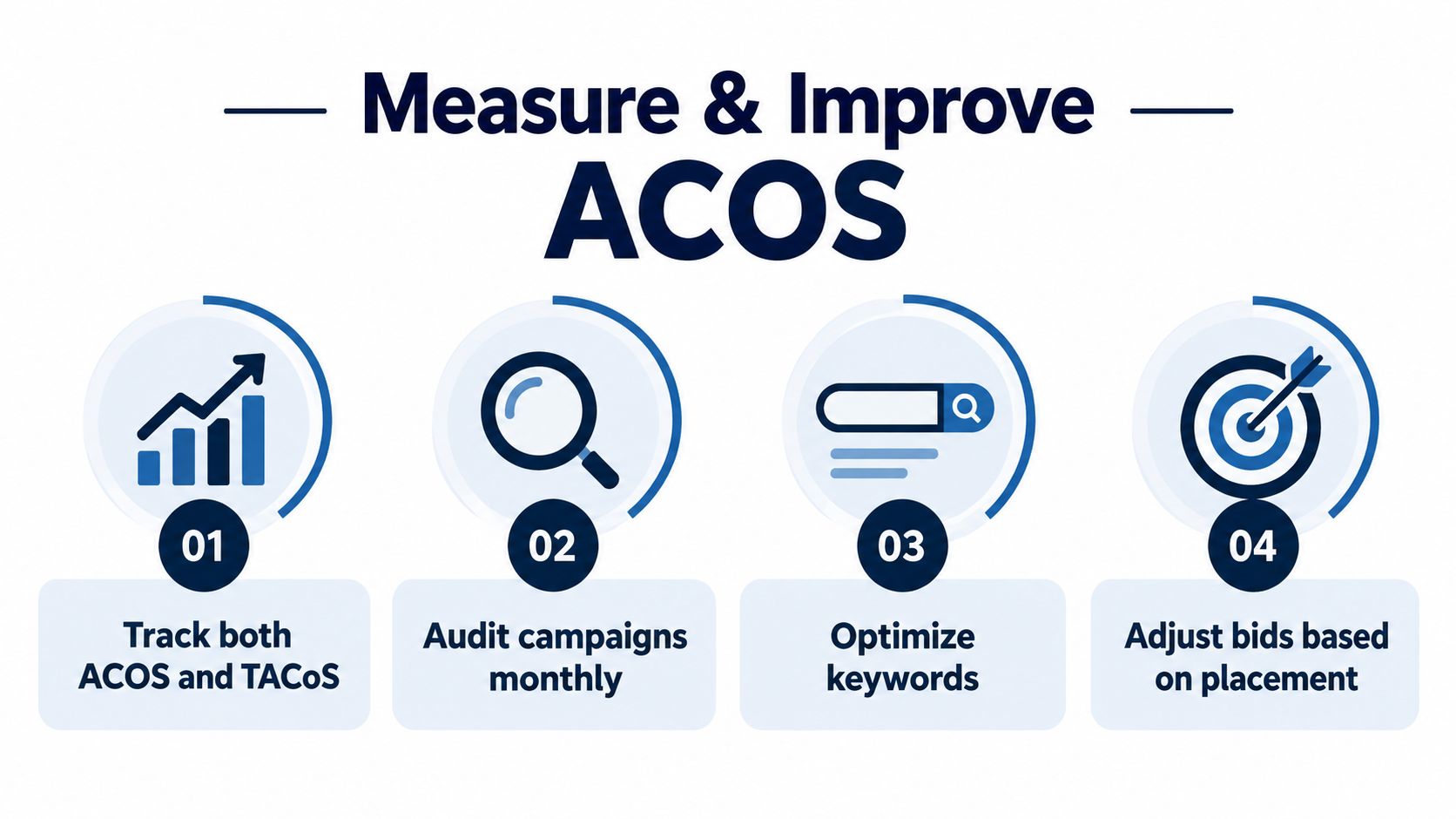 A four-step infographic illustrating strategies to measure and improve ACOS for Amazon advertising campaigns.