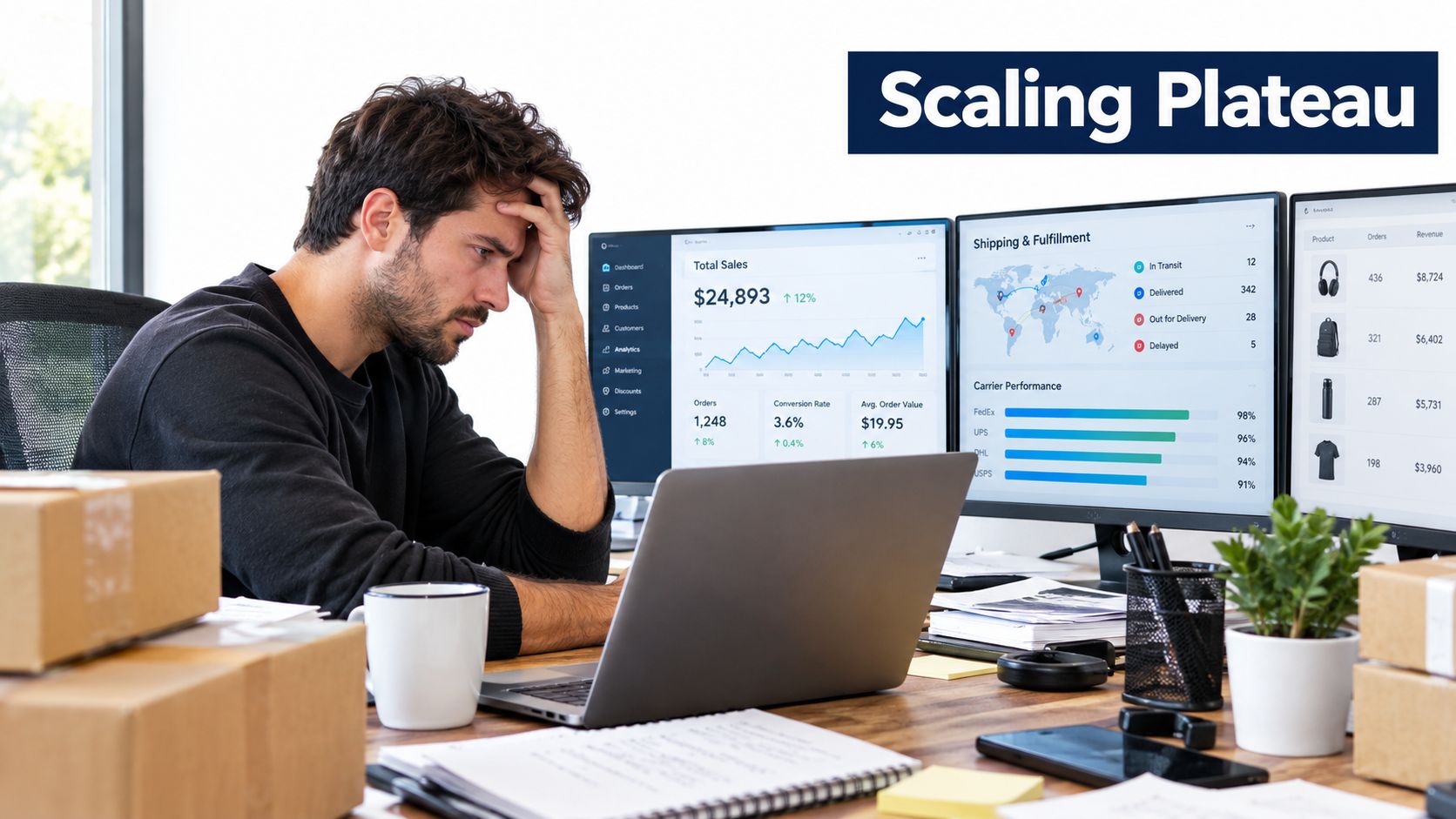 A stressed ecommerce business owner looking at multiple computer monitors showing sales dashboards and shipping data.