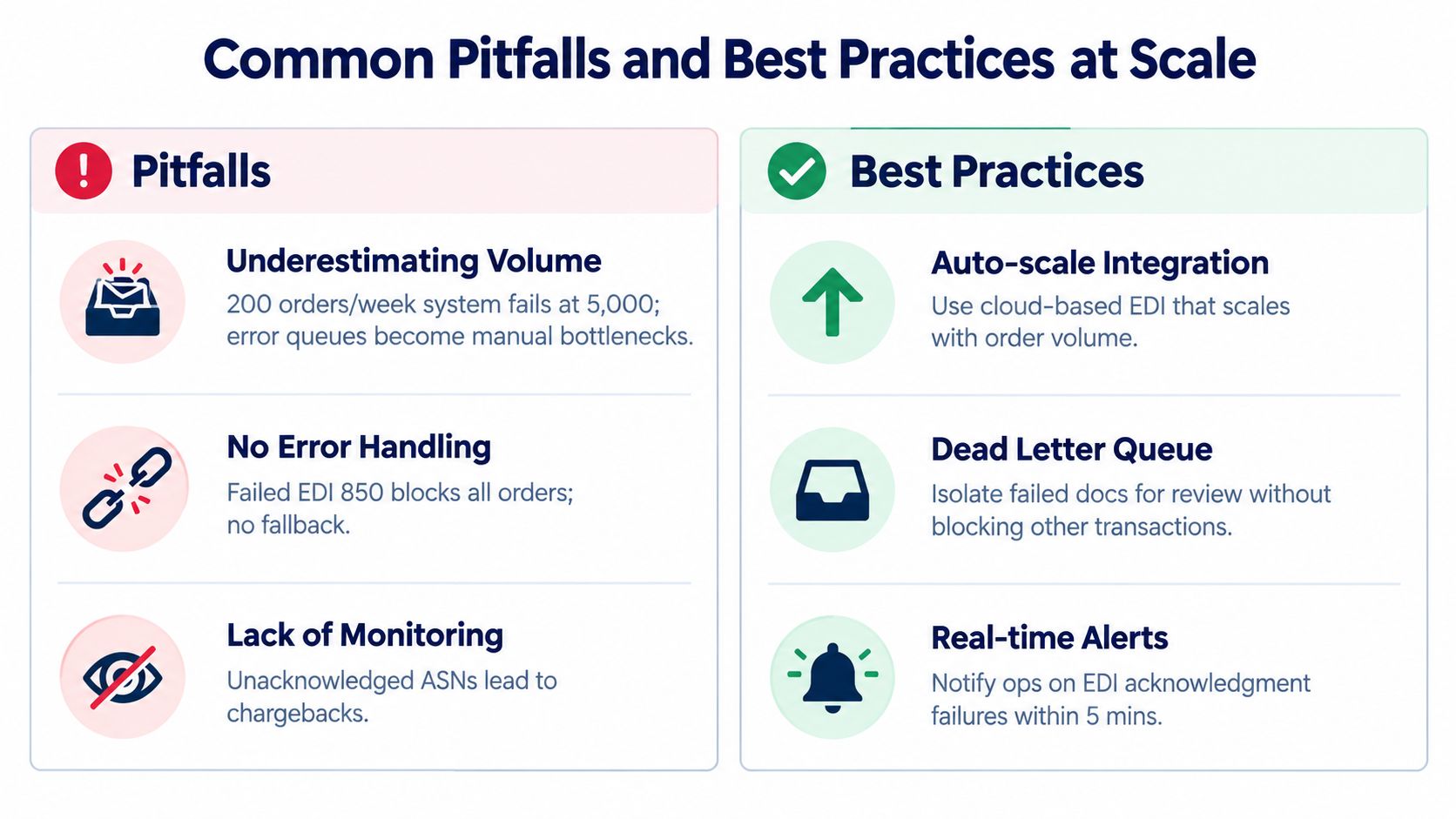 A comparison infographic showing common EDI integration pitfalls versus recommended best practices for business systems at scale.