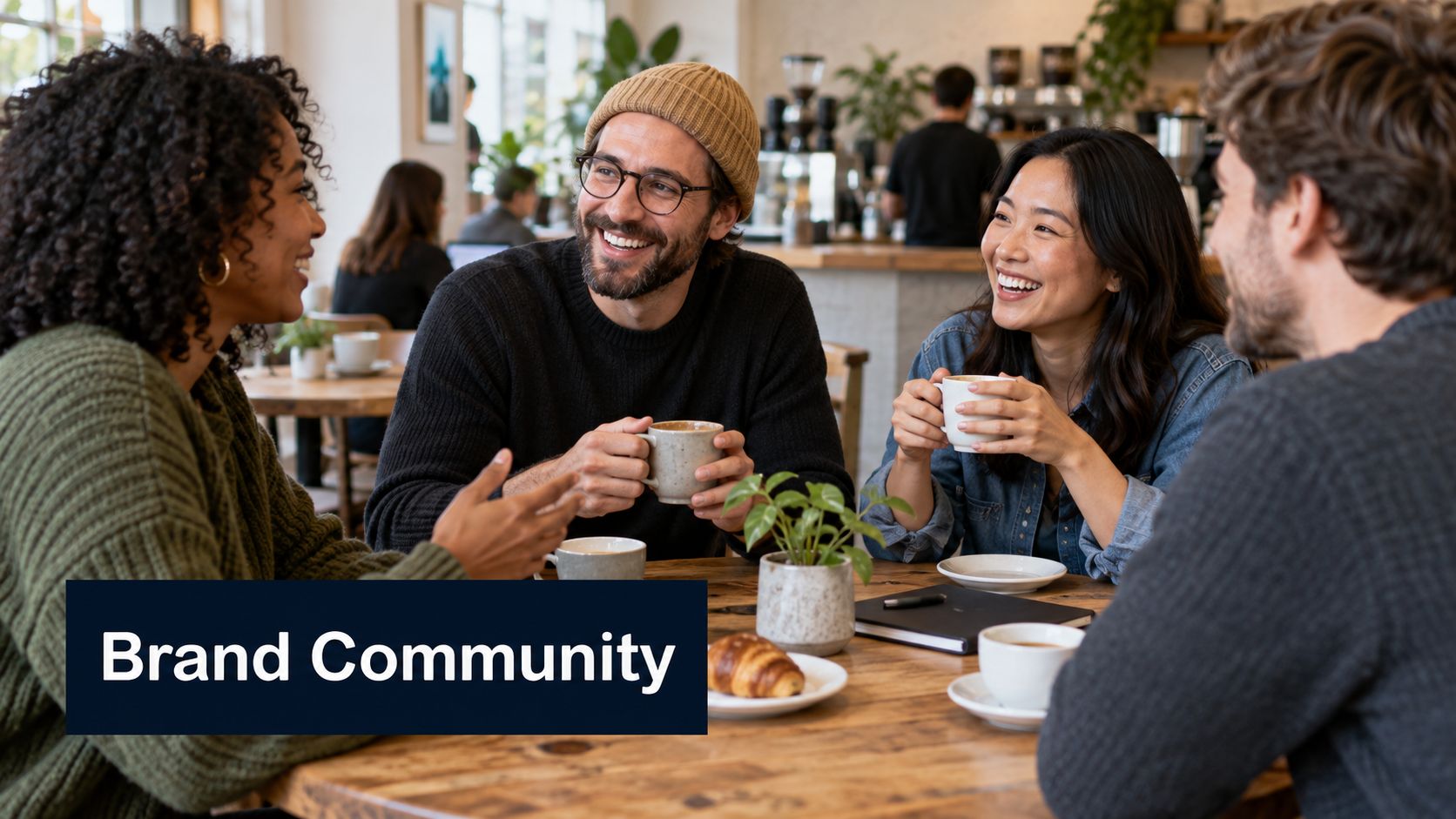 A diverse group of four friends laughing and chatting while drinking coffee at a cozy cafe.