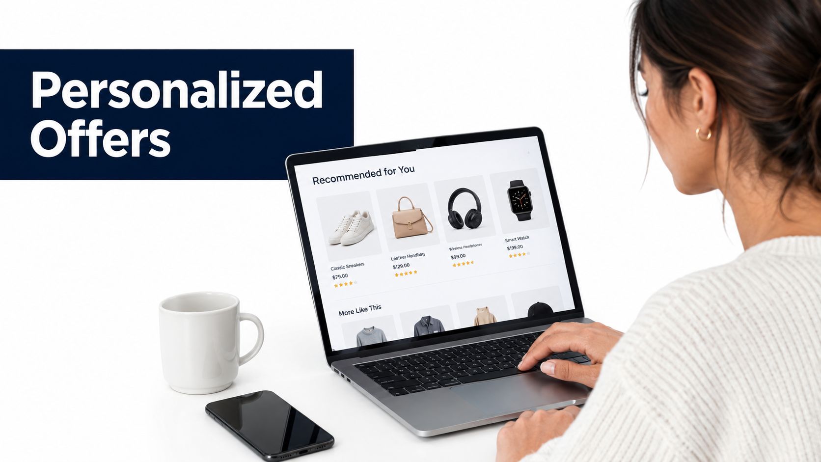A person using a laptop to view personalized online product recommendations for shopping on a clean desk.