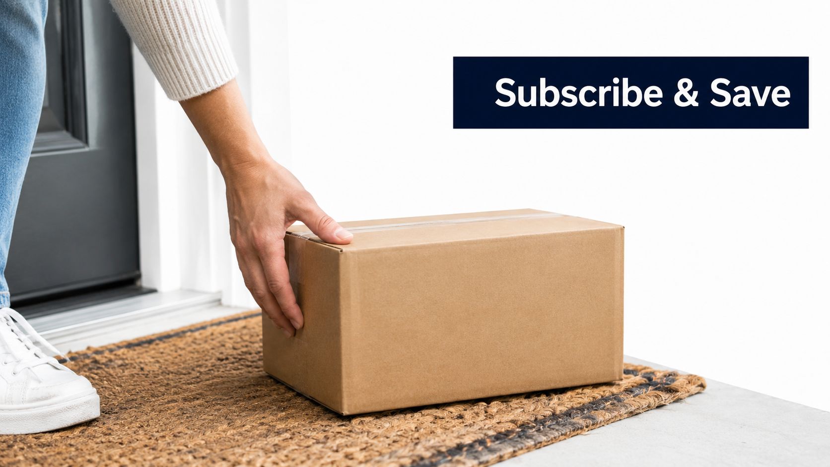 A person placing a cardboard delivery package on a doormat in front of a front door.