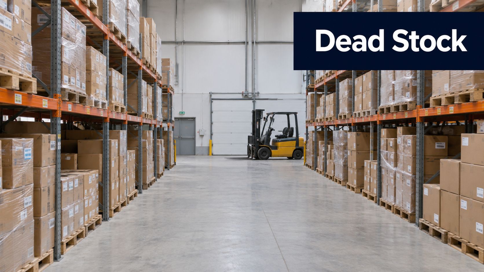 A large warehouse aisle featuring tall metal shelving units filled with stacked cardboard boxes and a forklift.