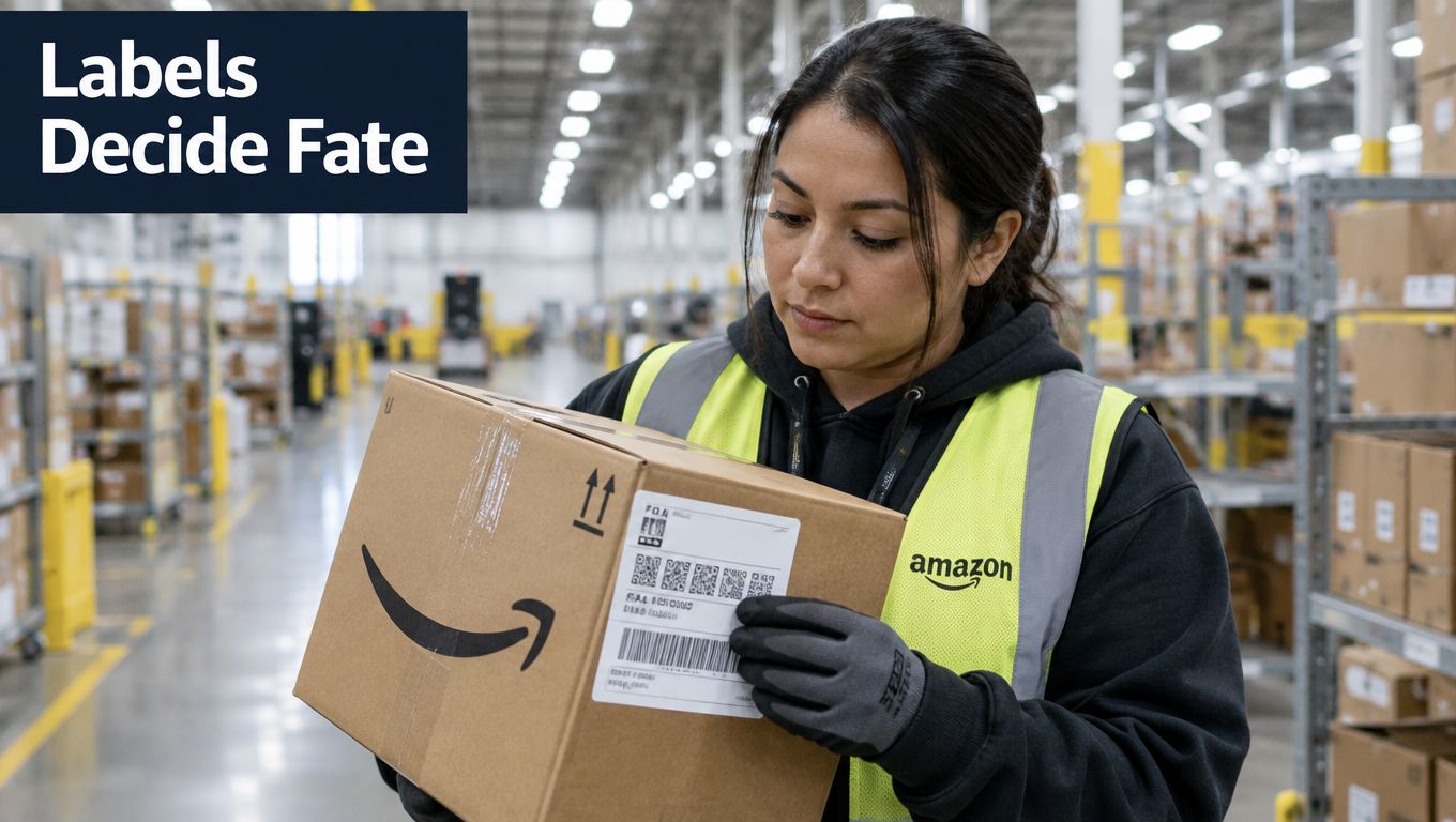An Amazon warehouse worker holding a cardboard package while examining the shipping label for accuracy.