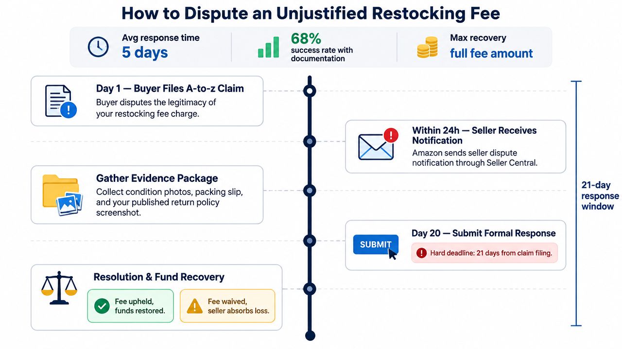 A flowchart infographic explaining the step-by-step process for Amazon sellers to dispute an unjustified restocking fee claim.