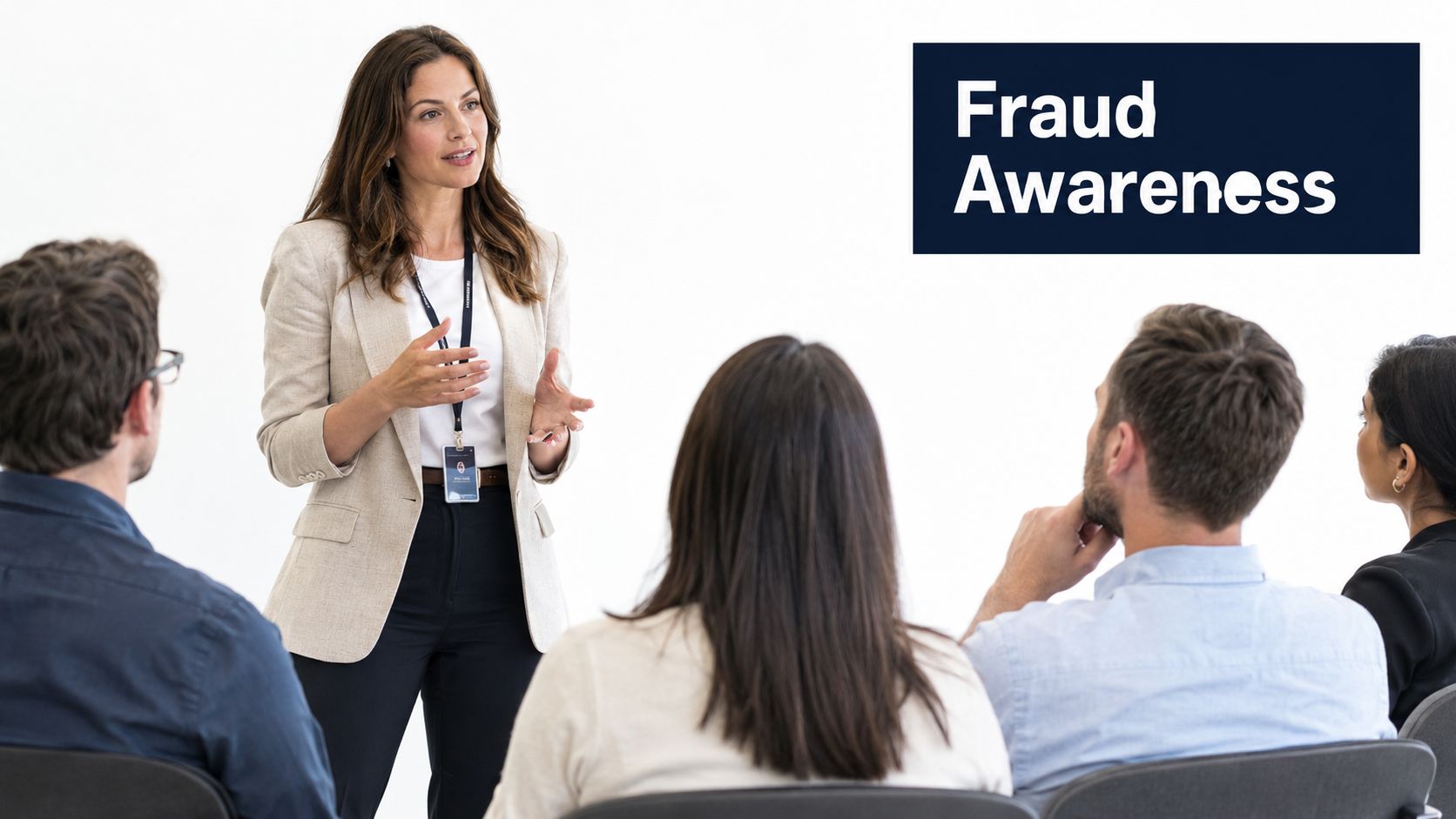 A professional woman presenting fraud awareness information to a group of colleagues in a bright office setting.