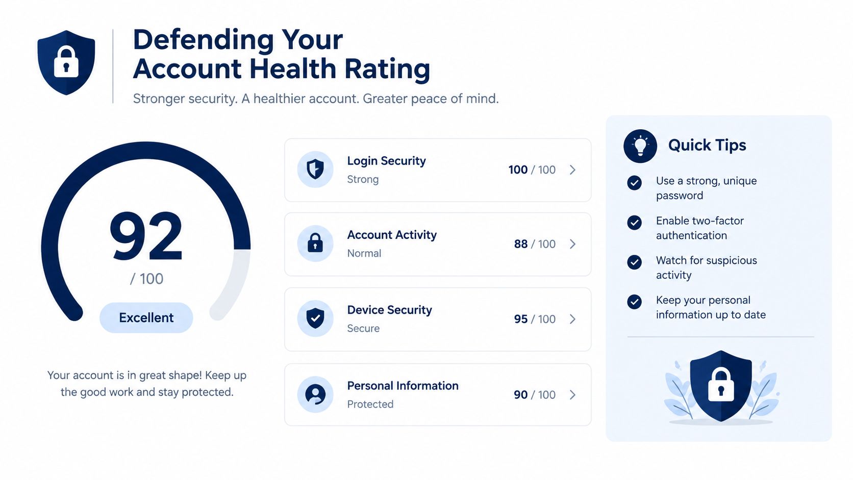 A digital dashboard displaying an account health rating of 92 out of 100 with security metrics.
