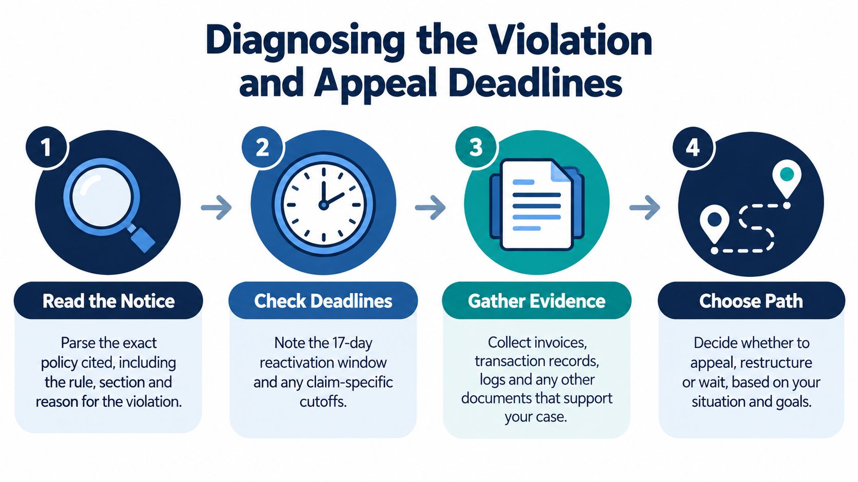 A four-step infographic illustrating the process for diagnosing an account violation and managing appeal deadlines effectively.
